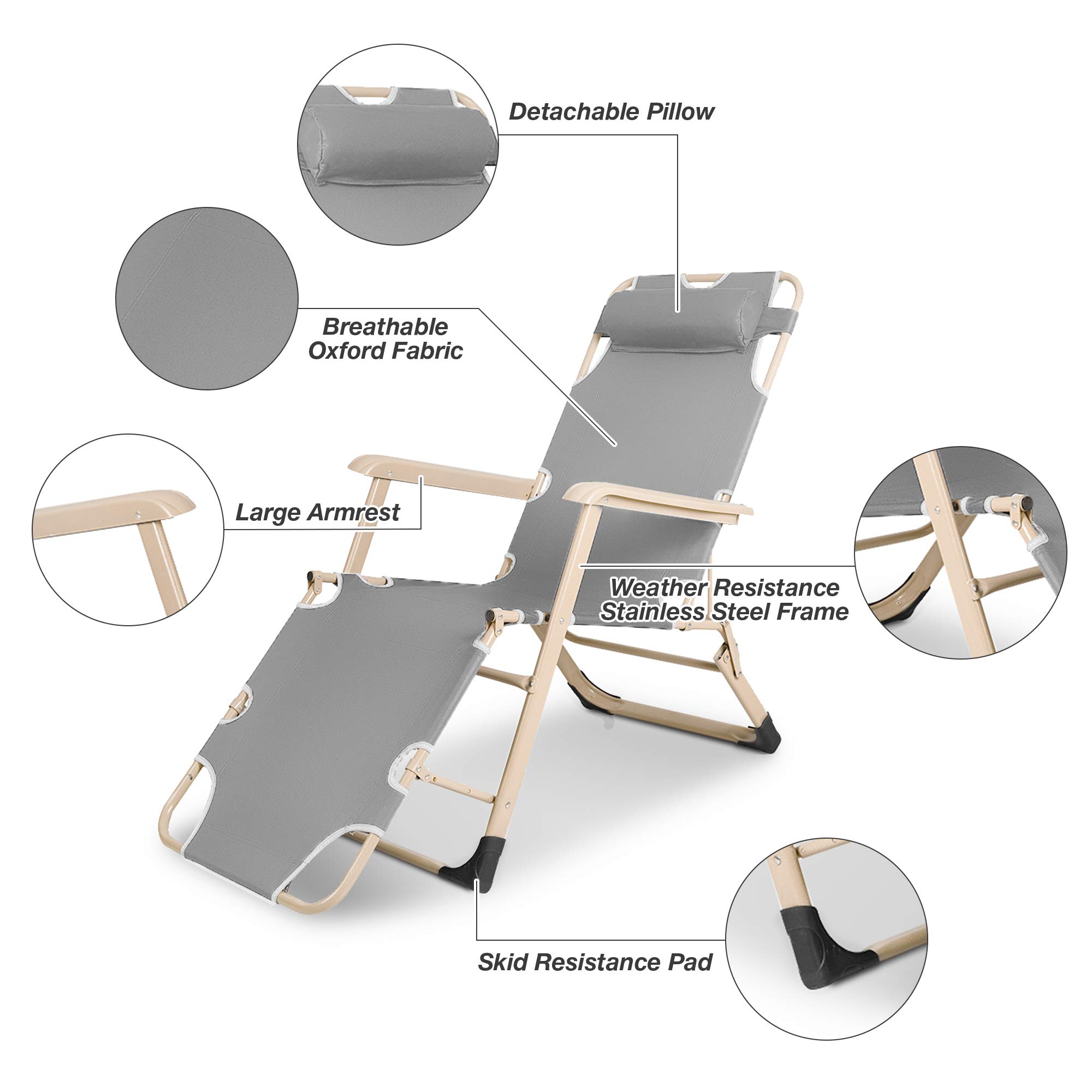 4-Pack Lightweight Folding Chaise Lounge Chairs for Outdoor Patio - Adjustable Recliner with Footrest & Removable Pillow, Grey - Perfect for Poolside, Beach, Backyard Relaxation and Sunbathing