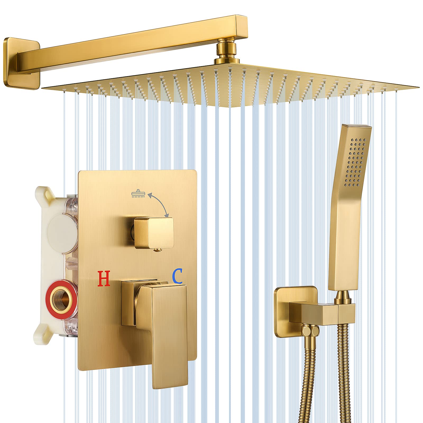 Premium 12 Inch Brushed Gold Shower System - Wall Mounted Shower Faucet Set with Rainfall Showerhead & Handheld Sprayer - Complete Bathroom Fixture Kit with Rough-in Valve & Trim - Perfect for Modern Bathroom Renovation & Spa-Like Shower Experience