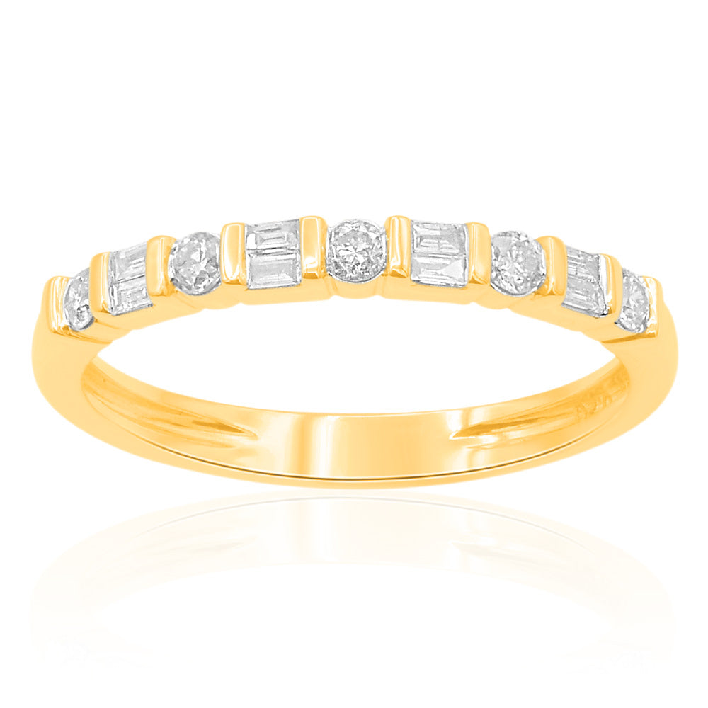 9ct Yellow Gold 1/5 Carat Diamond Ring With 5 Brilliant 8 Baguette Diamonds - Elegant Wedding Band & Anniversary Gift for Women