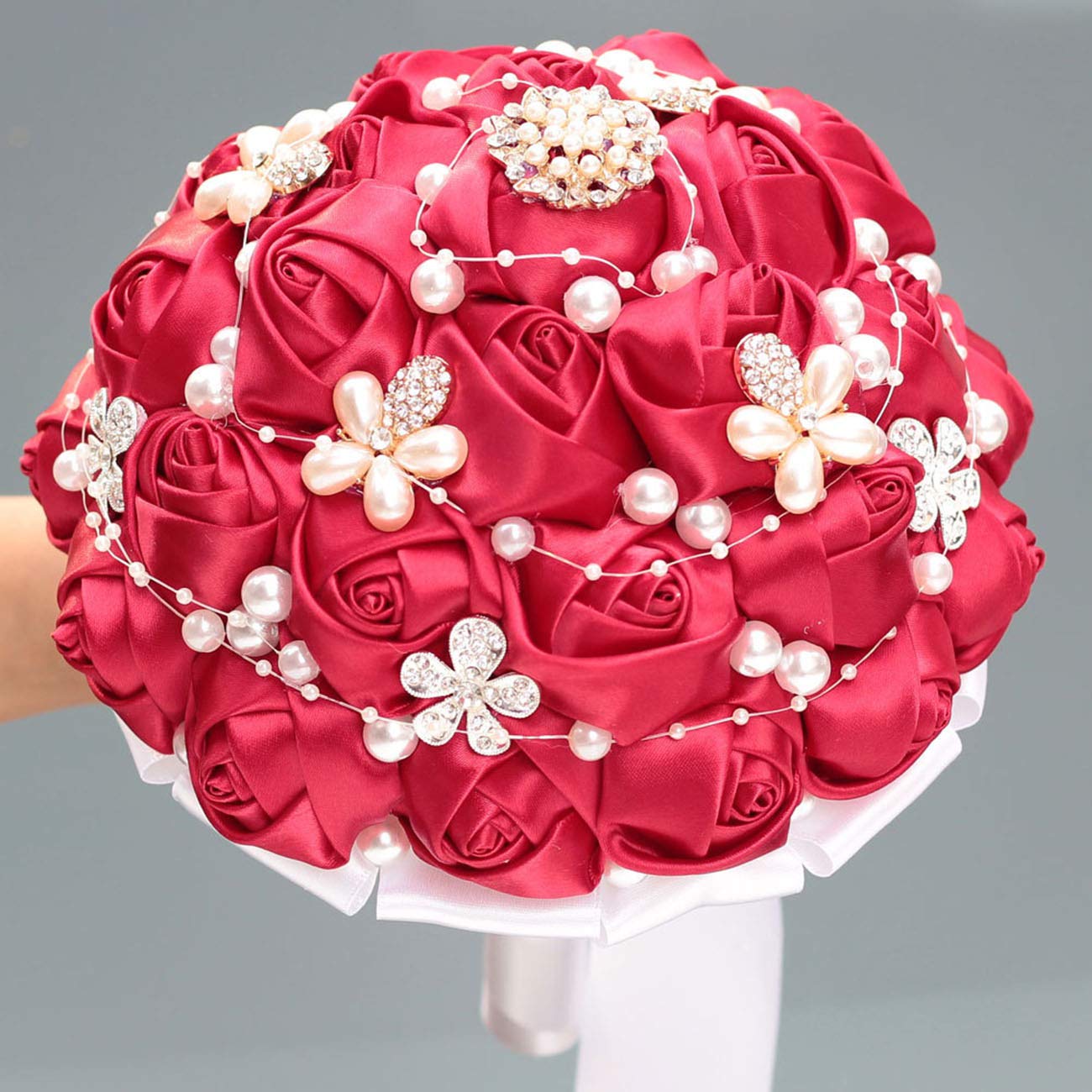 Handmade Artificial Rose Wedding Bouquet with Crystal Pearl & Satin Ribbon - Bride & Bridesmaid Bouquet for Wedding, Church, Engagement, Valentine's Day Party - Perfect for Toss Bouquet & Home Decor