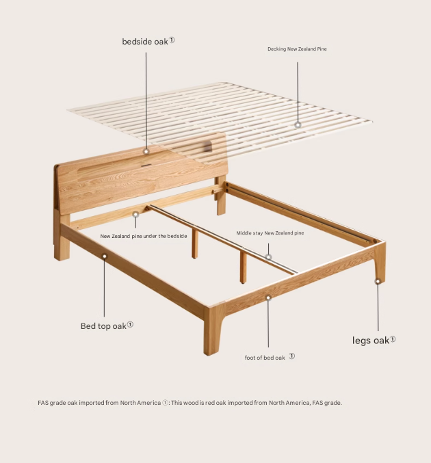 Solid Oak and Beech Wood Bed with Built-in LED Lights and Bookshelf - Modern Bedroom Furniture for Small Spaces, Lofts, and Studio Apartments