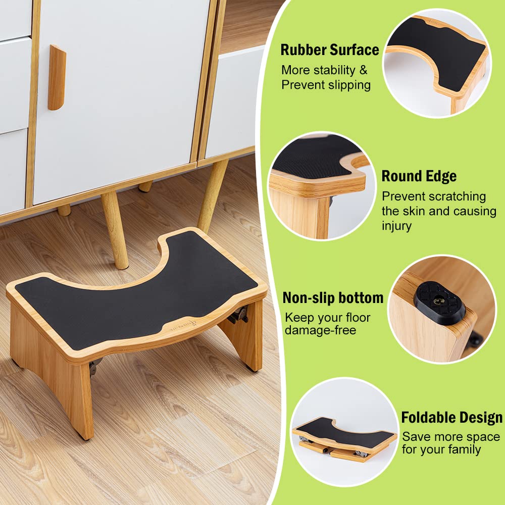 StrongTek 7 Inch Folding Wooden Toilet Stool - Non-Slip Bathroom Step Stool for Squatting, Space-Saving Design, Sturdy & Easy to Store - Perfect for Small Bathrooms & Kids (Natural Wood) - Ideal for Toilet Training, Yoga Poses & Improved Posture