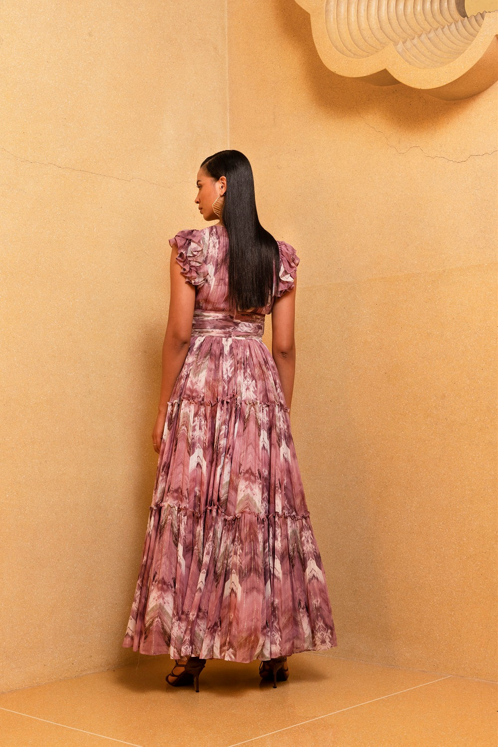 Lilac Floral Print Ruffle Maxi Dress with Fabric Belt - Elegant Summer Beach Wedding Party Outfit