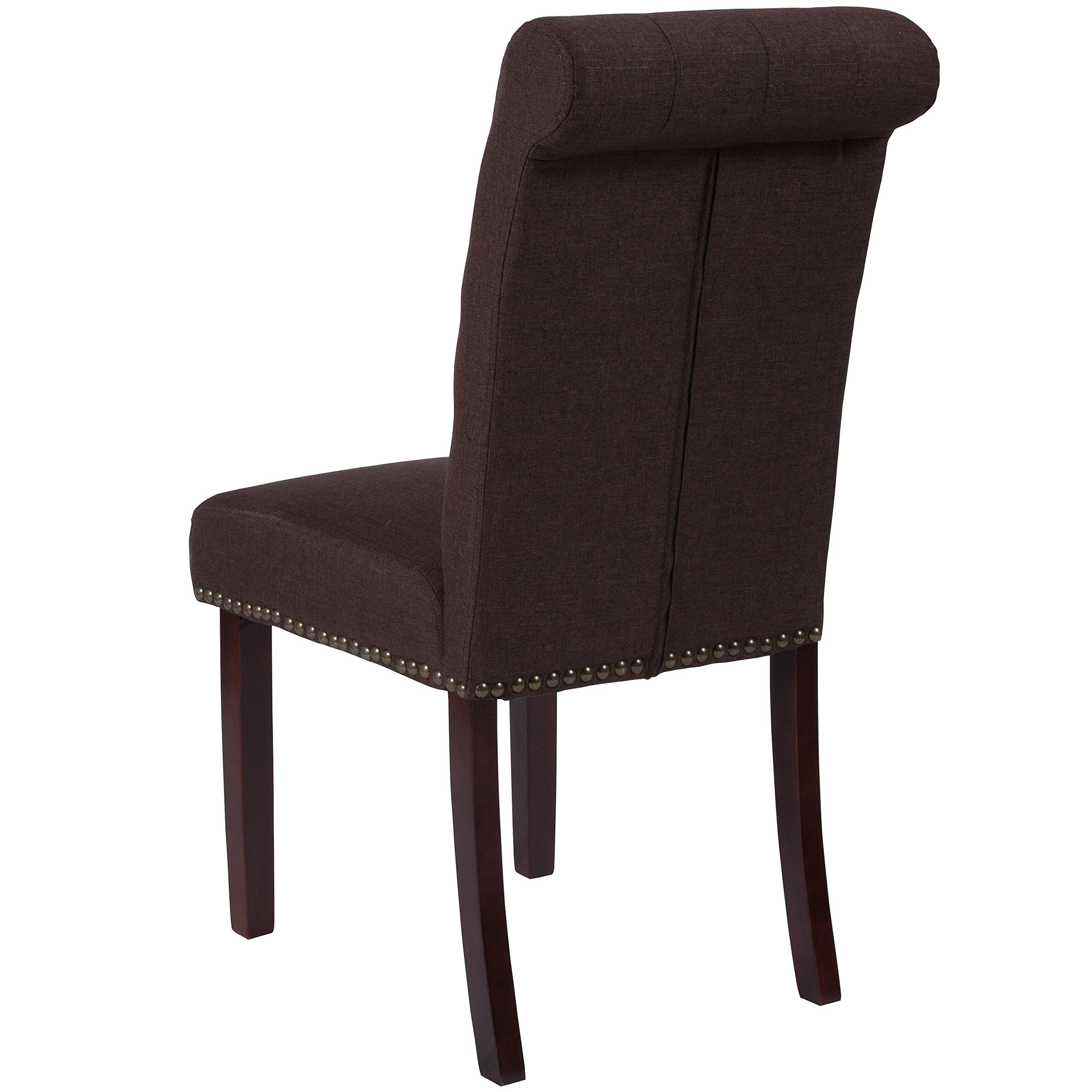 EMMA + OLIVER Brown Fabric Parsons Chair with Rolled Back & Nail Trim - Modern Dining Room Accent Chair for Kitchen, Office, and Living Room Decor