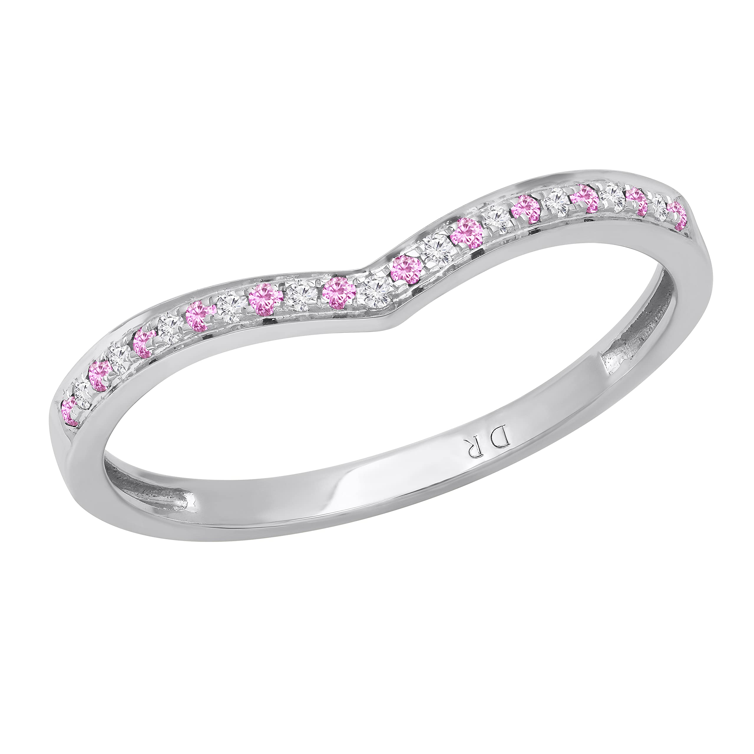 Dazzlingrock 10K White Gold Round Gemstone & Diamond Women's Wedding Band - Chevron Bridal Ring for Anniversary, Engagement, and Special Occasions