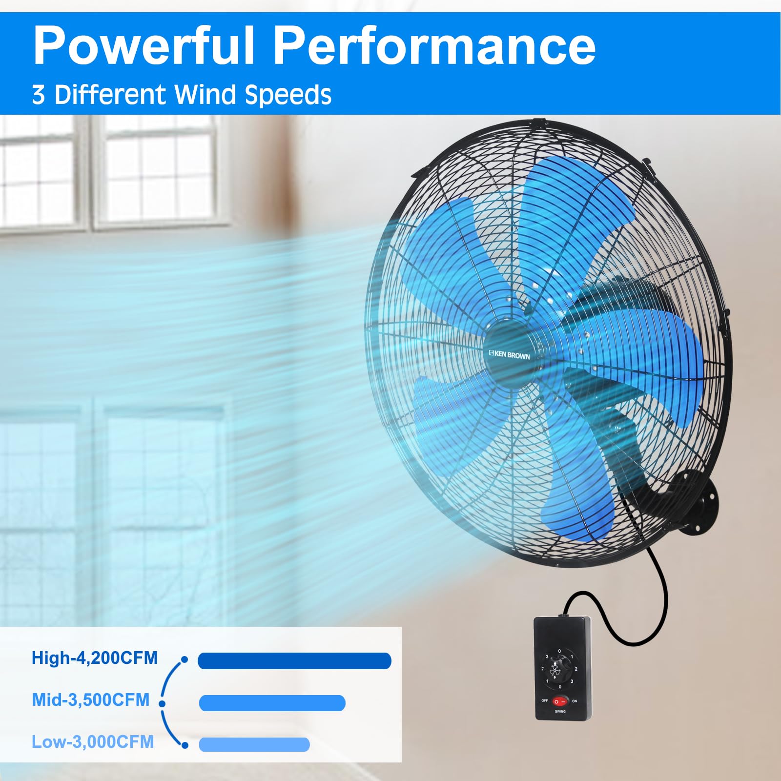 KEN BROWN 18 Inch 3-Speed High Velocity Industrial Oscillating Fan - Wall Mount Fan with 4200 CFM, Separate Switch & 5 Blades - Heavy Duty Metal for Home, Patio, Workshop & Garage - Blue - Perfect for Cooling Large Spaces, Outdoor Areas & Work Environments