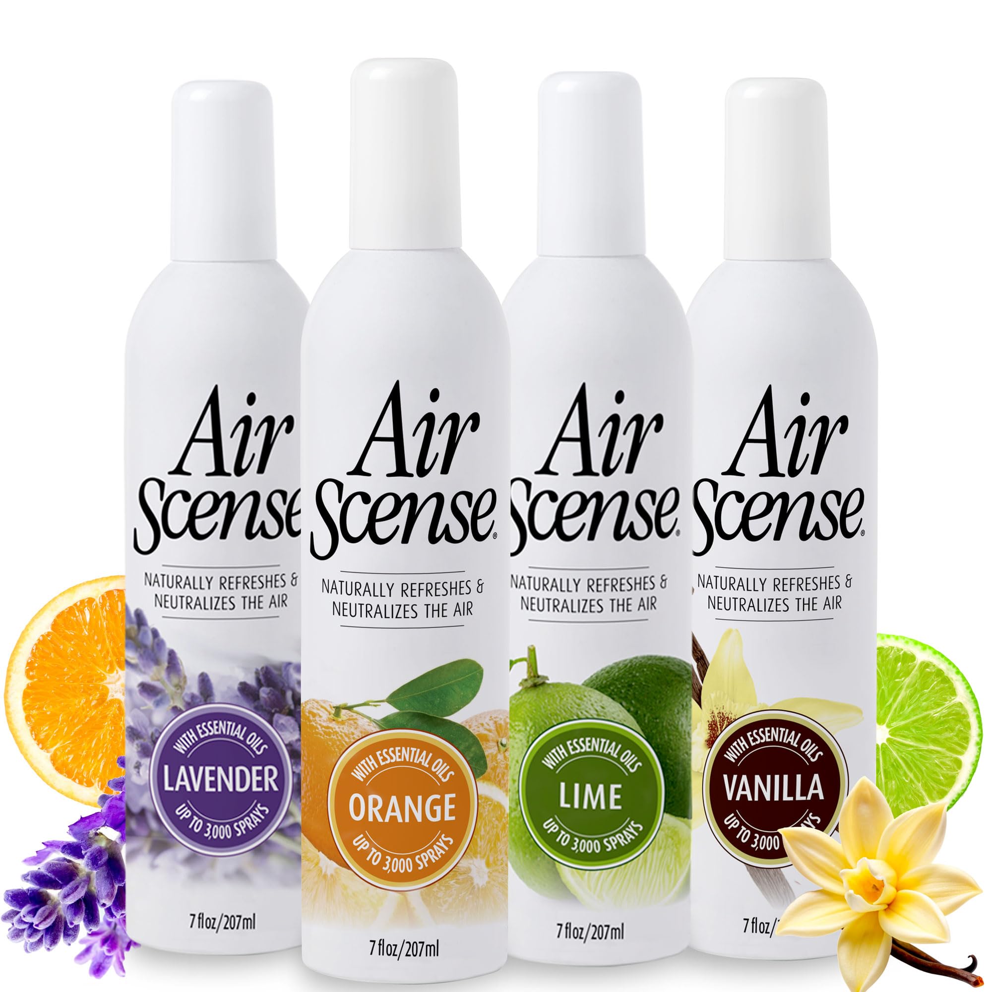 Air Scense Essential Oil Air Freshener - 7 fl oz, 4 Pack Variety (Orange, Lavender Lime & Vanilla) | Non-Aerosol, Natural Fragrance for Home, Office & Car | Long-Lasting Odor Eliminator & Room Refresher