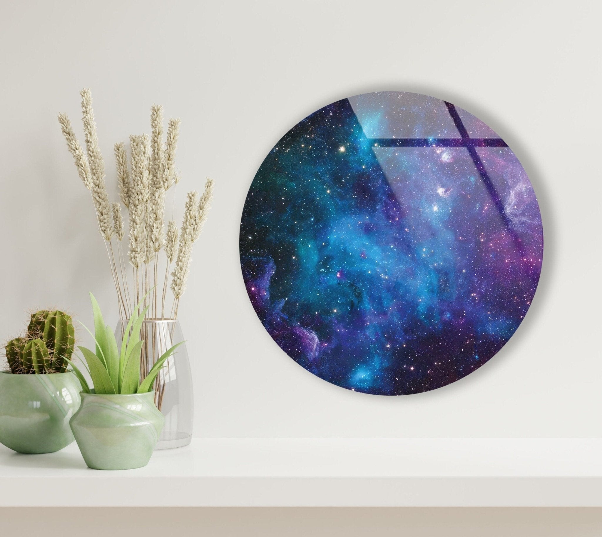 Abstract Round Space-Themed Glass Wall Art - Modern Home & Office Decor for Living Room, Bedroom, or Office Spaces