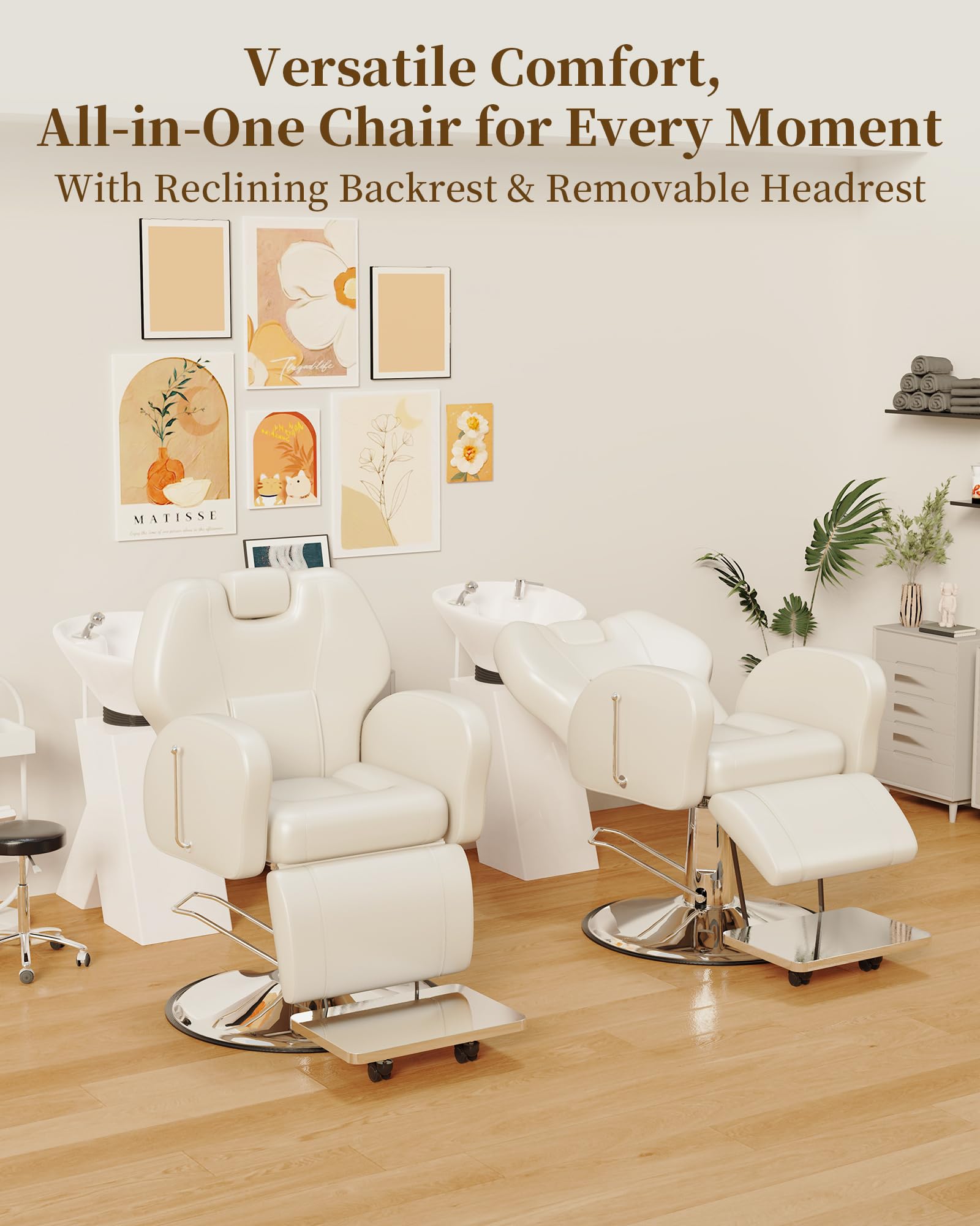 Premium Baasha Barber Chair - Professional Reclining Salon Chair for Home & Tattoo Parlors, Heavy-Duty Steel Frame Beauty Chair with Removable Headrest, Cream - Perfect for Haircuts, Styling & Tattoo Sessions