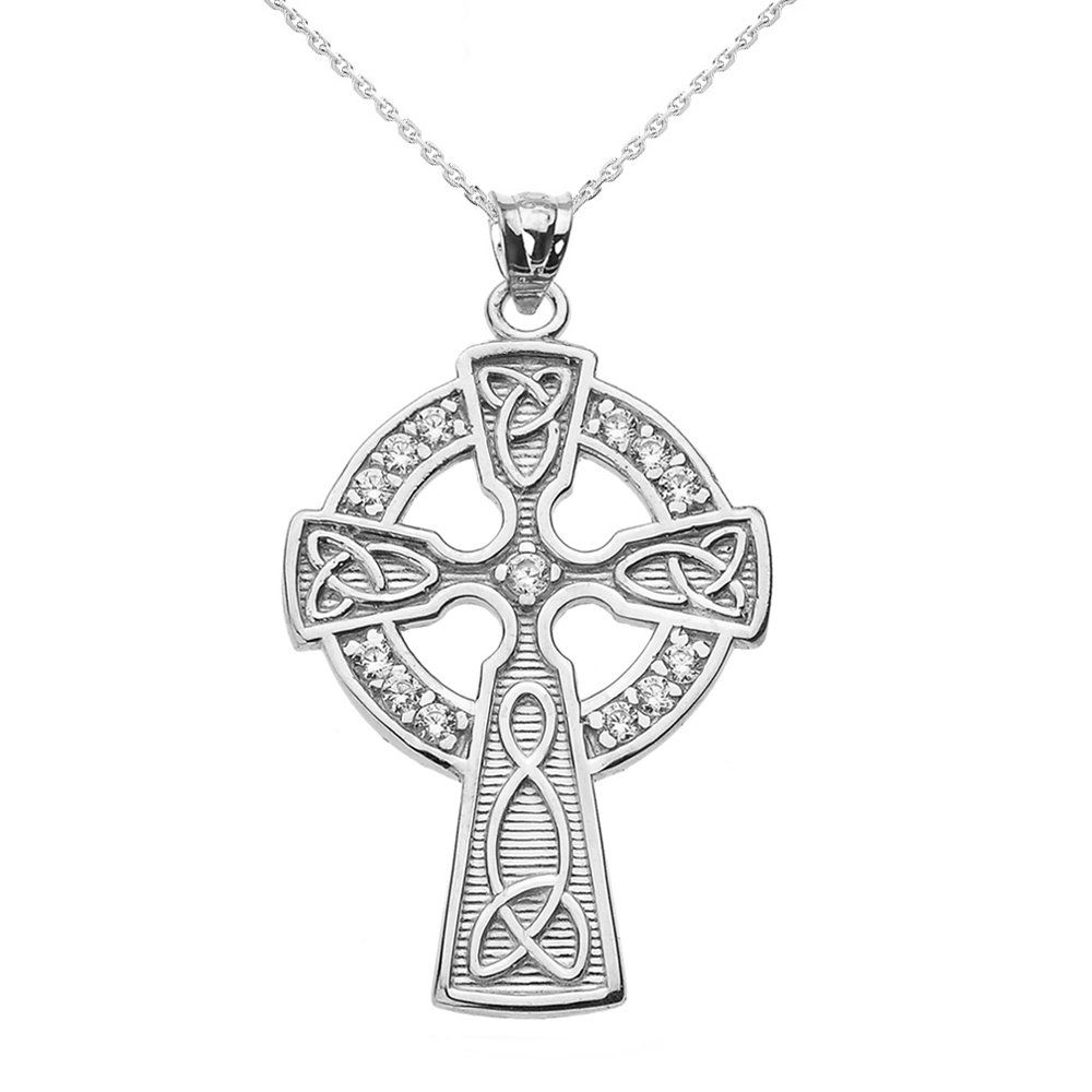 10K White Gold Celtic Cross Diamond Accent Pendant Necklace for Women - Elegant Religious Jewelry Gift for Baptism, Confirmation & Special Occasions
