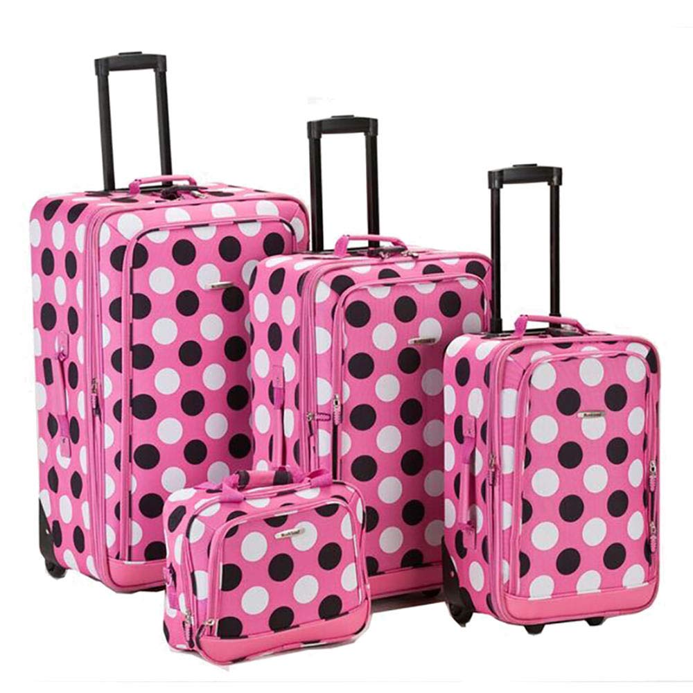 Rockland Escape 4-Piece Softside Upright Luggage Set with Telescoping Handles - Pink Dots (14/19/24/28 Inch) - Perfect for Travel, Vacations & Business Trips