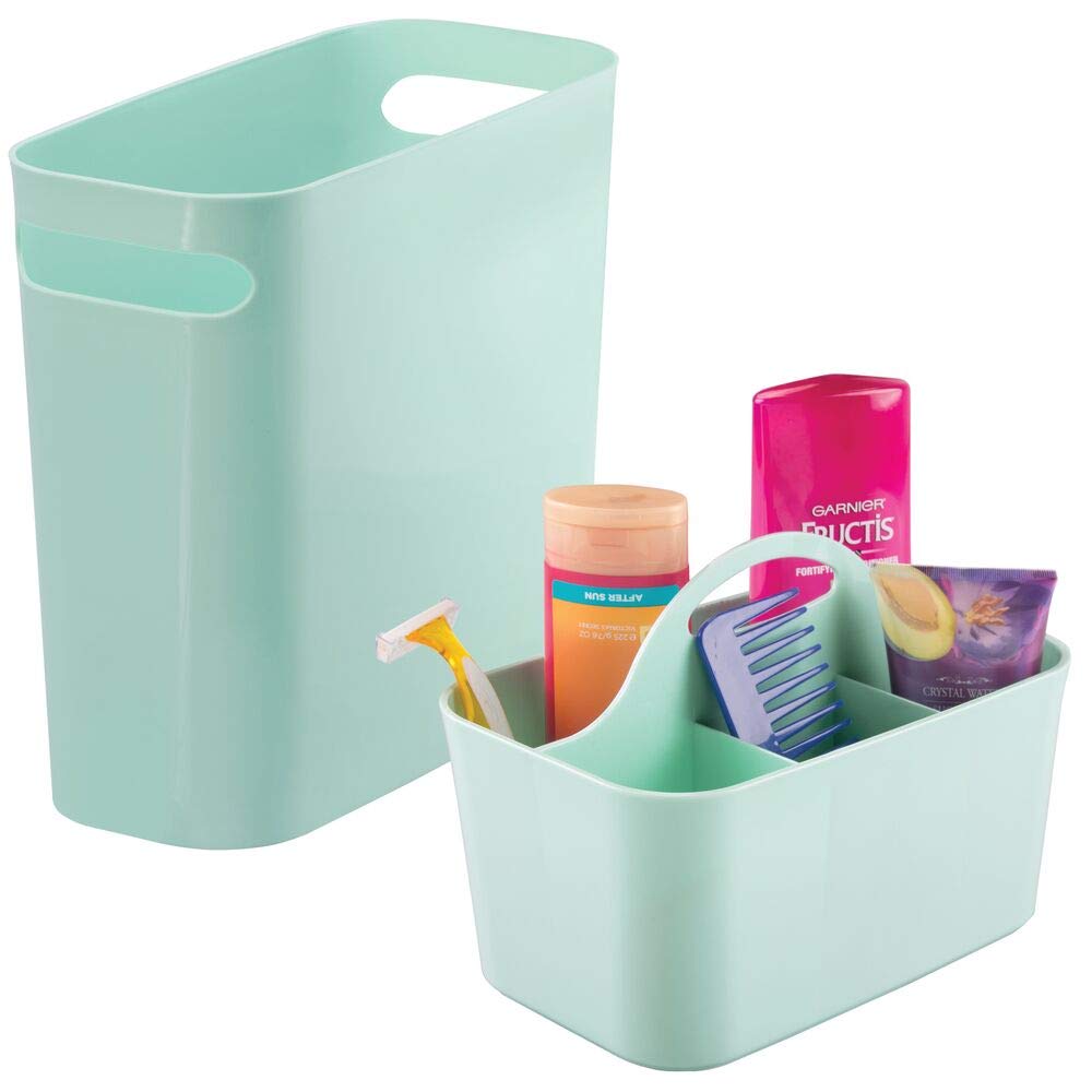 mDesign 2-Piece Bathroom Organizer Set - Plastic Waste Bin & Storage Caddy with Handle - Mint Green | Perfect for Bathroom Storage, Organization & Small Space Solutions