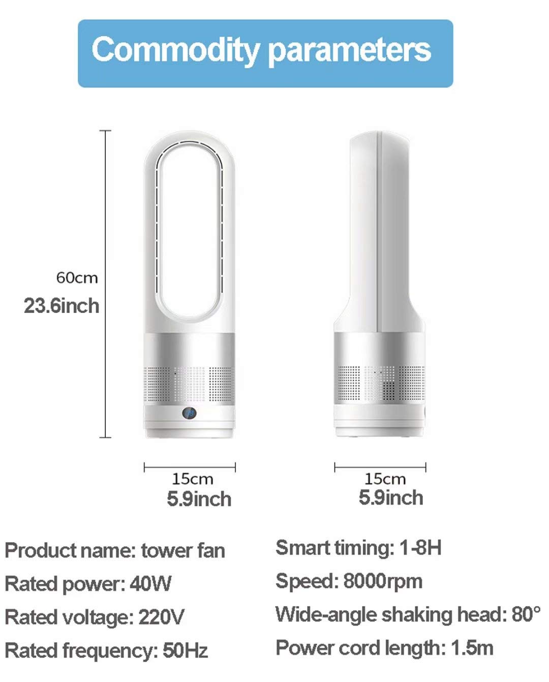 18 Inch Bladeless Tower Fan - Ultra Quiet, Leafless Household & Desktop Electric Fan with Remote Control & Oscillation - Perfect for Summer, Bedroom, Office (Silver) | Stay Cool in Home, Office & Dorm Rooms