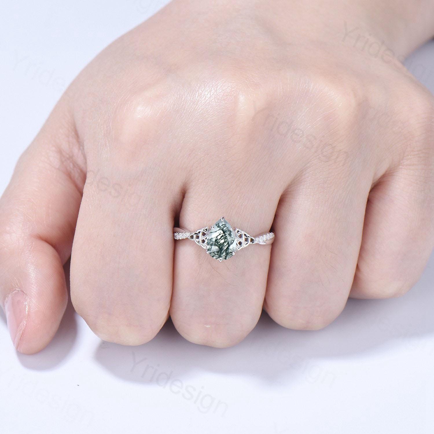 Viking Pear Shaped Moss Agate Engagement Ring for Women - Unique Celtic Infinity Moissanite Wedding Band with Split Shank - Perfect for Anniversary Gifts, Proposal, and Celtic-Themed Weddings
