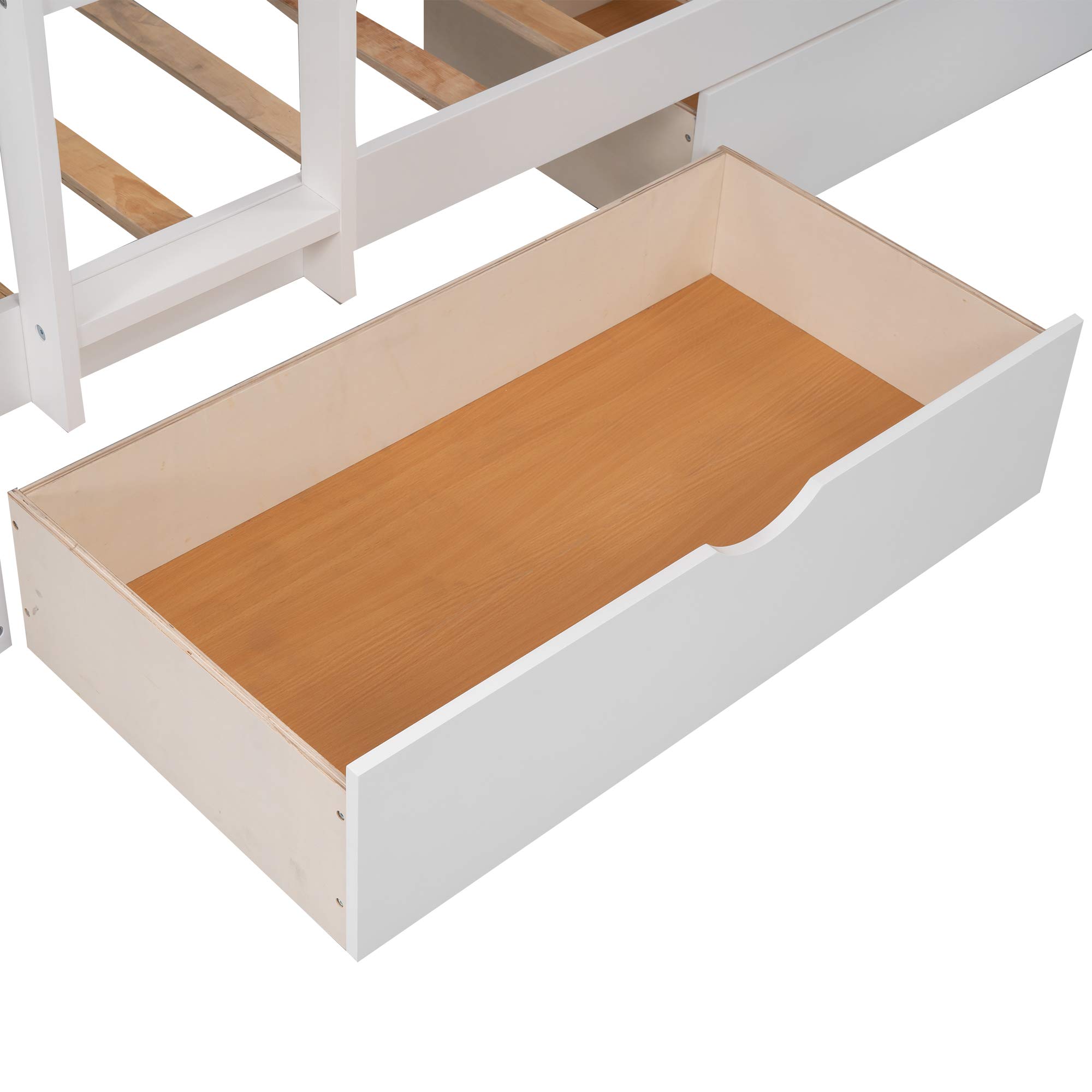 KLMM Twin Over Twin L-Shaped Corner Bunk Bed with Loft - Space-Saving 3-Person Bunk Bed Frame with 2 Storage Drawers & Dual Ladders for Kids, Teens & Adults (White) - Perfect for Small Bedrooms, Guest Rooms & Vacation Homes