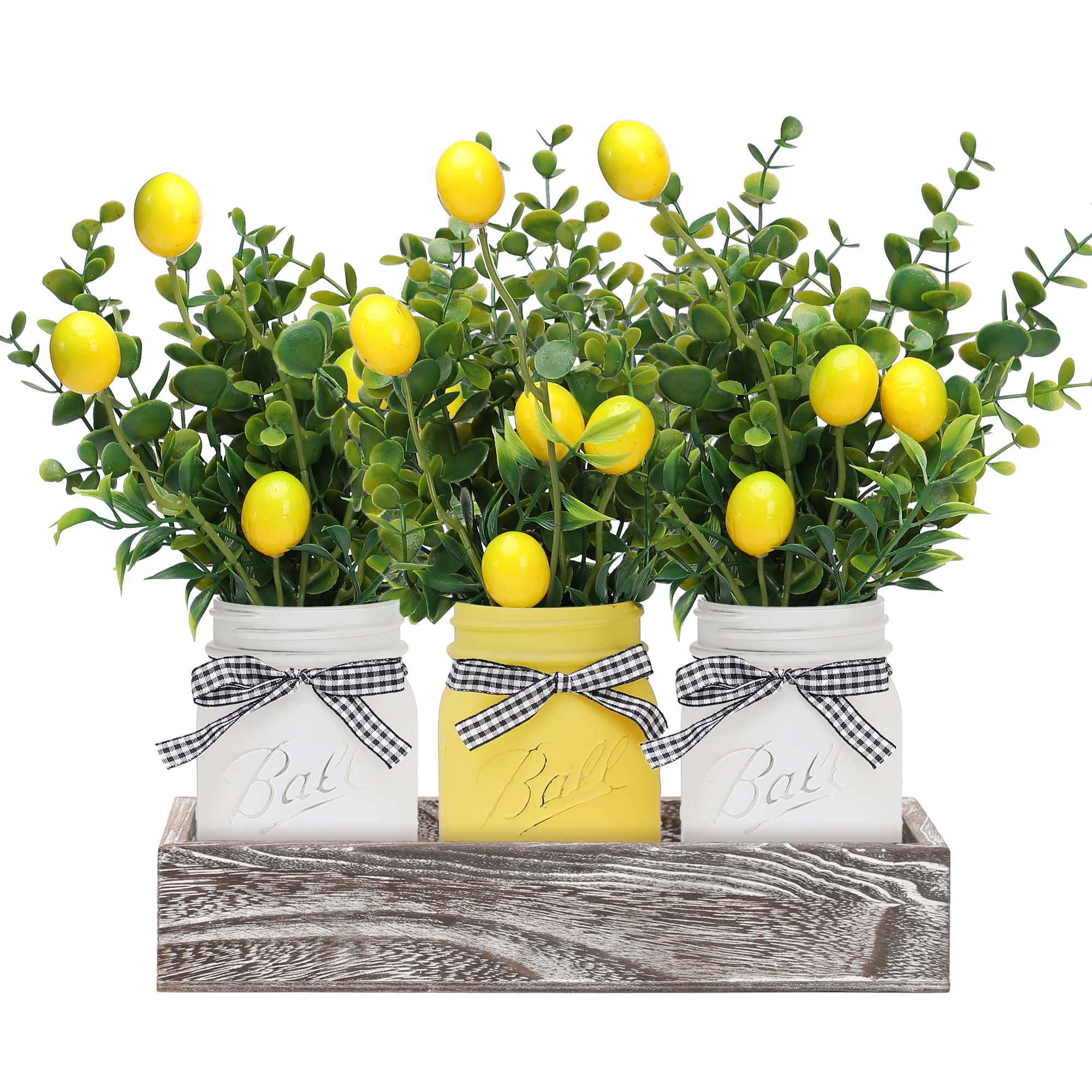 Lemon Mason Jar Centerpiece Set with Wood Tray - 3 Painted Jars for Dining Table, Coffee Table, Kitchen & Living Room Decor - Spring & Summer Home Decor for Farmhouse, Rustic & Country Style
