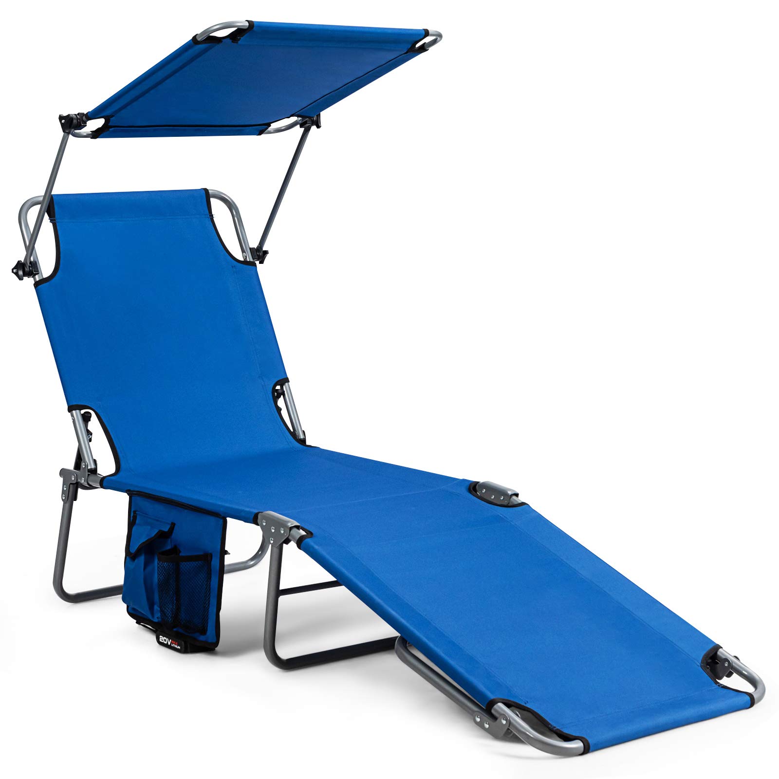 Giantex Adjustable Tanning Chair with Canopy & Storage - 5-Position Patio Chaise Lounge, Foldable Beach Chair for Poolside, Lawn, Camping - Perfect for Sunbathing, Relaxing by the Pool or Beach Vacation (Navy Blue)