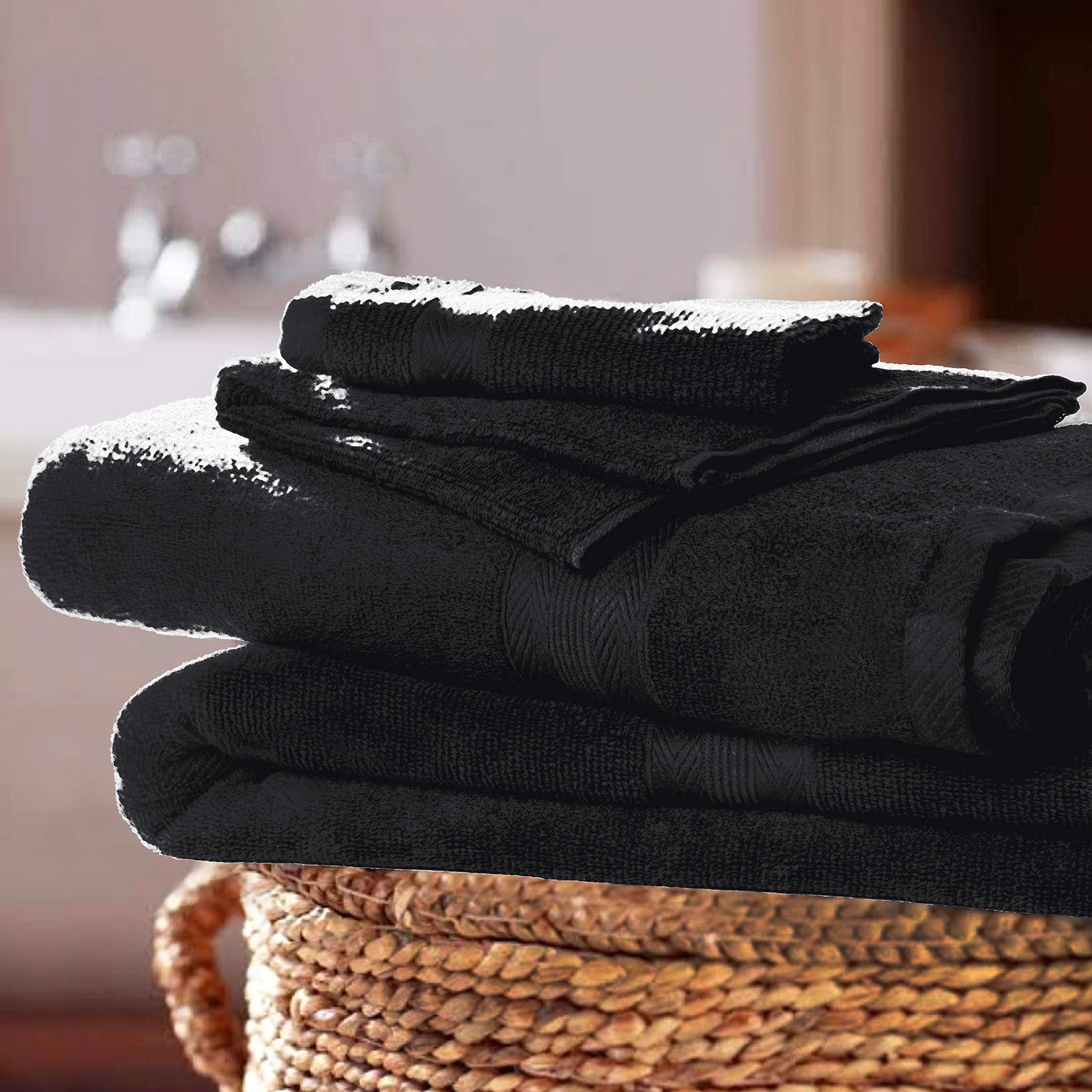 BOUTIQUO 8-Piece Black Bath Towel Set - 100% Ring Spun Cotton, Ultra Soft & Highly Absorbent - Includes 2 Bath Towels (27x54 inches), 2 Hand Towels (16x28 inches), 4 Washcloths (13x13 inches) - Perfect for Bathroom, Spa, Gym & Guest Use