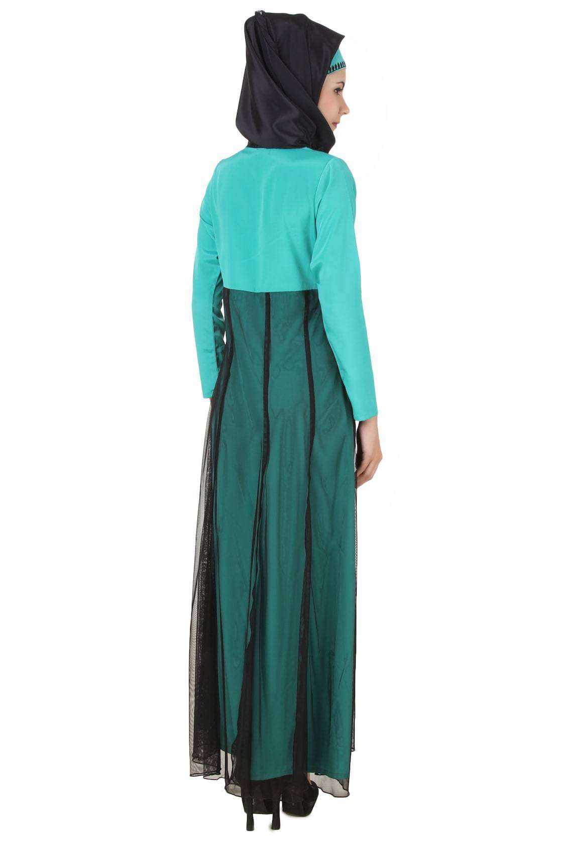 Elegant Turquoise Green and Black Net Crepe Abaya for Women - Perfect for Eid, Weddings, and Special Occasions