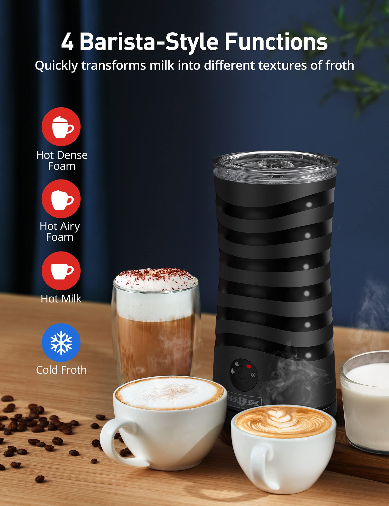 Paris Rhône 4-in-1 Electric Milk Frother with Strix Temperature Control - Hot & Cold Milk Foam Maker for Latte, Cappuccino, Macchiato - Auto Shut-Off & Double Wall Design - Perfect for Home Coffee Bars & Office Breaks