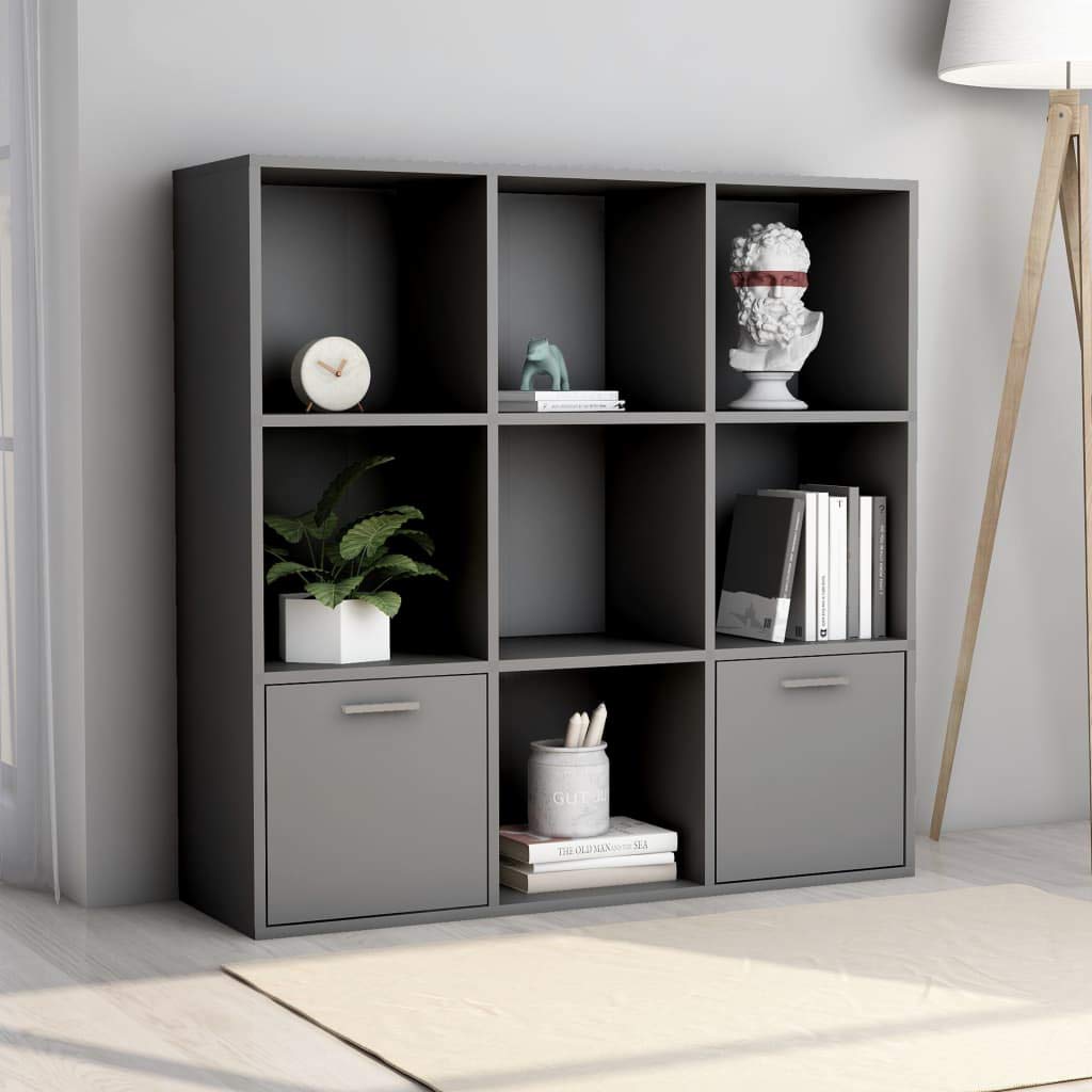 3-Tier Bookcase with 2 Doors & 9-Cube Storage - Freestanding Bookshelf Organizer for Home, Office, Bedroom - Gray | Perfect for Storing Books, Decor & Office Supplies in Small Spaces