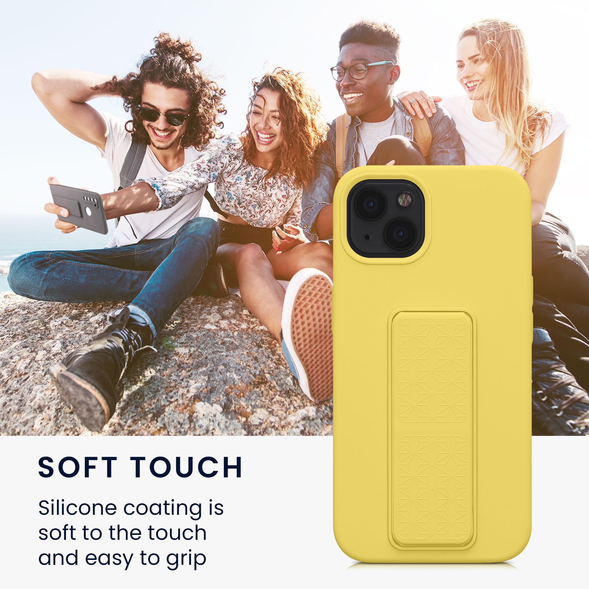 kwmobile Shockproof Case Compatible with Apple iPhone 13 - Soft TPU Silicone Cover with Hand Strap & Kickstand - Radiant Yellow - Perfect for Gym, Outdoor Activities & Daily Protection