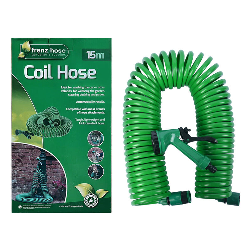 15m Retractable Spring Garden Hose with 5 Function Spray Gun - EVA Burst Proof Watering Hose for Car Washing, Lawn & Plant Care - Perfect for Outdoor Cleaning, Gardening and Vehicle Maintenance