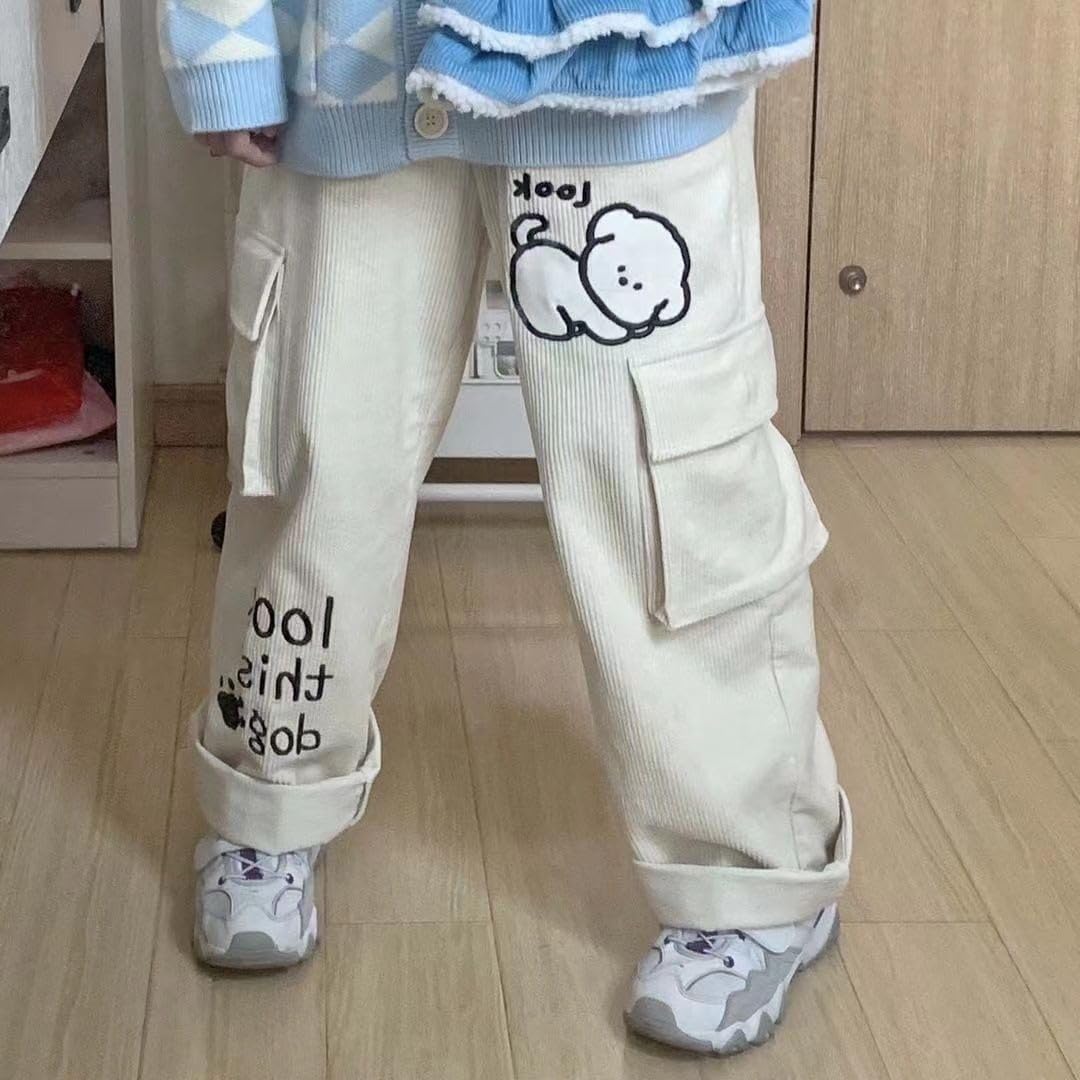 Japanese Cartoon Letter Embroidery Preppy Pants - Y2K Aesthetic High Waist Casual Trousers with Pockets | Harajuku Streetwear, Loose Fit for Women | Perfect for Daily Wear, School, and Anime Fashion Outfits