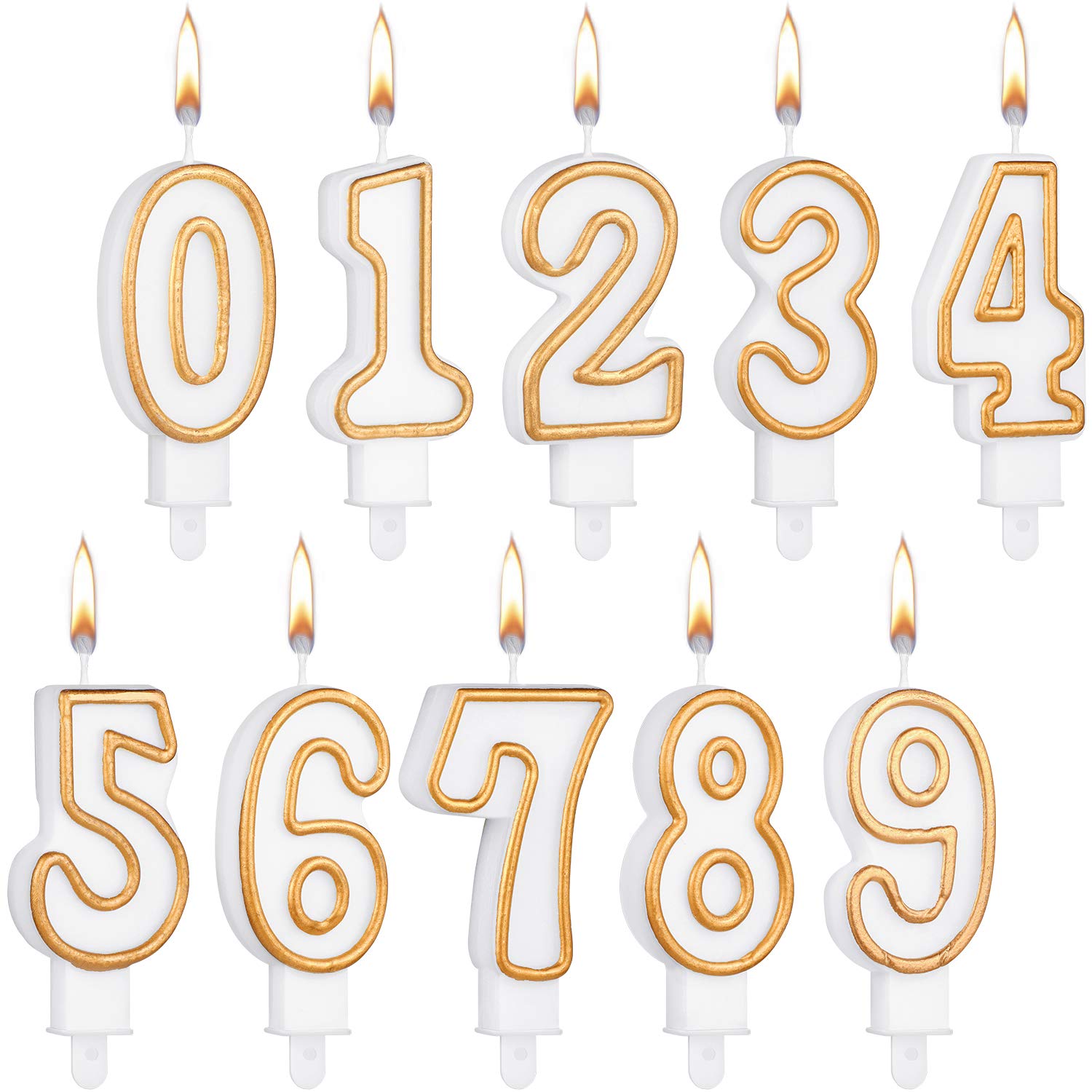 10-Piece White & Gold Edged Number Candles 0-9 - Elegant Cake Topper for Birthday, Wedding, Anniversary Parties - Perfect for Milestone Celebrations and Special Occasions