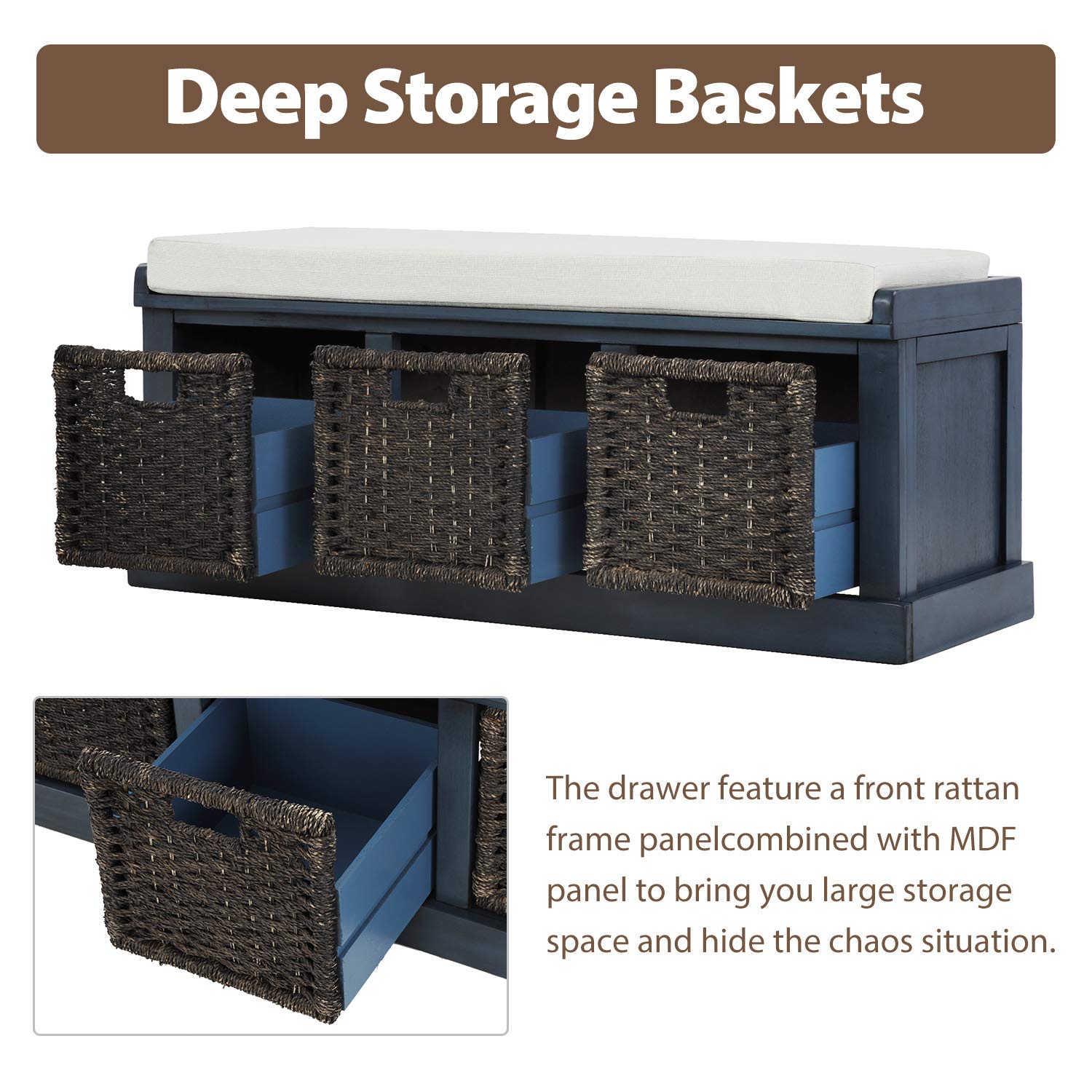 Merax Fully Assembled Storage Bench with 3 Removable Baskets & Cushion - Entryway Shoe Bench for Hallway, Living Room (Antique Navy) - Perfect for Organizing Shoes, Hats & Home Decor in Small Spaces