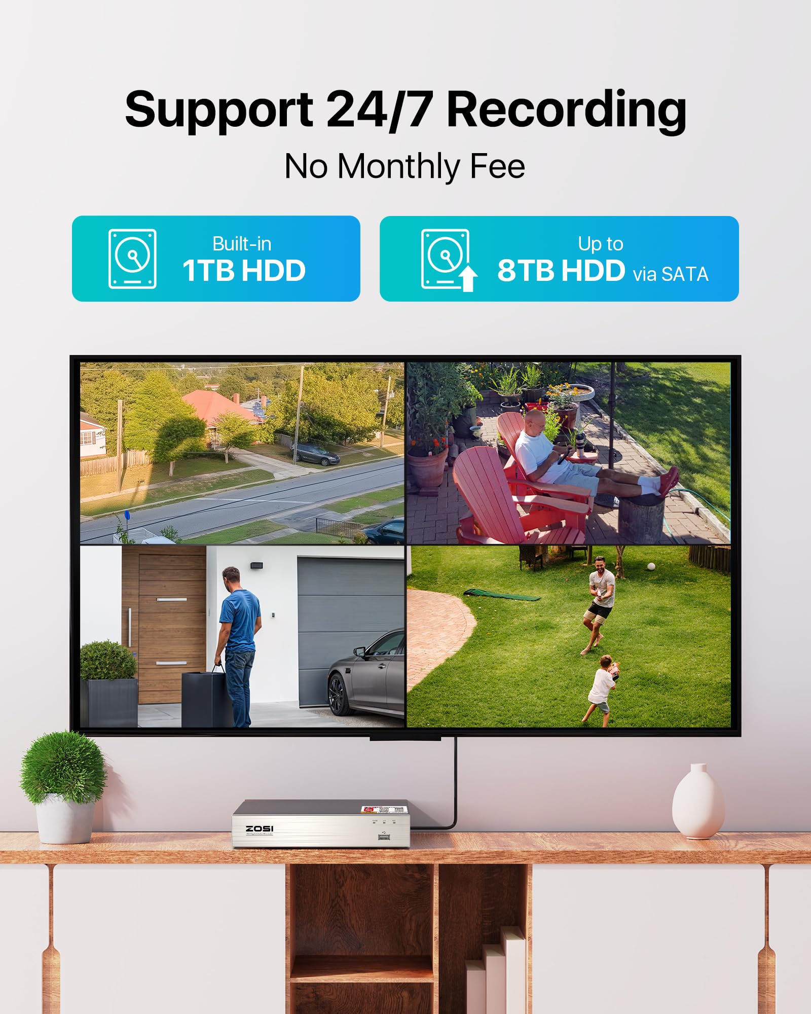 ZOSI 3K Lite 8CH Outdoor Security Camera System with 1TB HDD, AI Human/Vehicle Detection, Night Vision, H.265+ 5MP DVR Recorder & 8X 1080P Weatherproof CCTV Cameras - Ideal for Home, Business & Property Surveillance