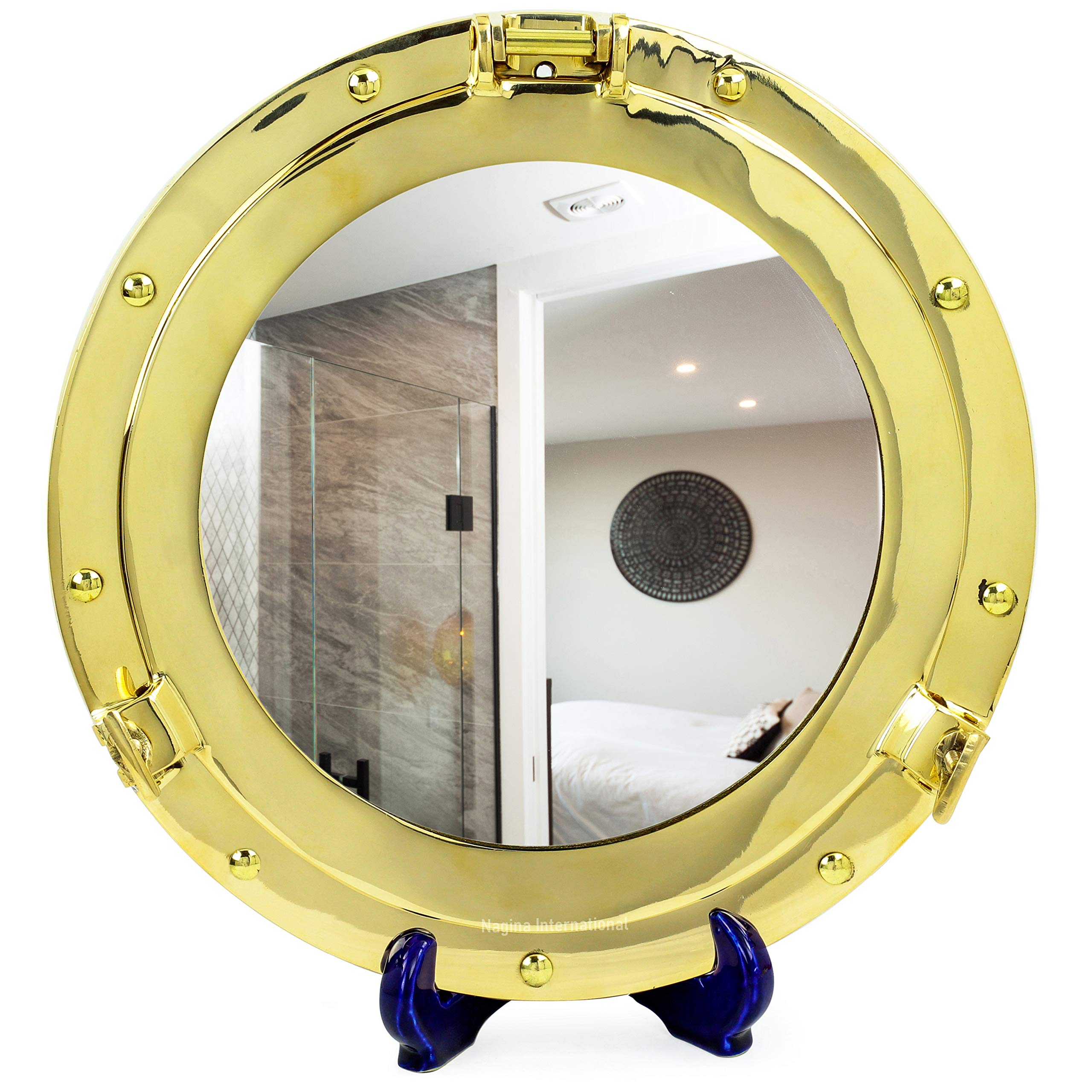 Handcrafted 12 Inch Brass Porthole Mirror - Vintage Nautical Decor for Bathroom, Bedroom & Living Room - Nagina International Real Simple Collection
