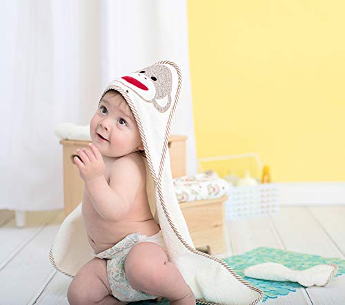 Soft Embroidered 3-Piece Baby Hooded Bath Towel & Washcloth Set - Sock Monkey Design, Ivory - Perfect for Newborn Bath Time, Baby Showers & Cozy After-Bath Snuggles