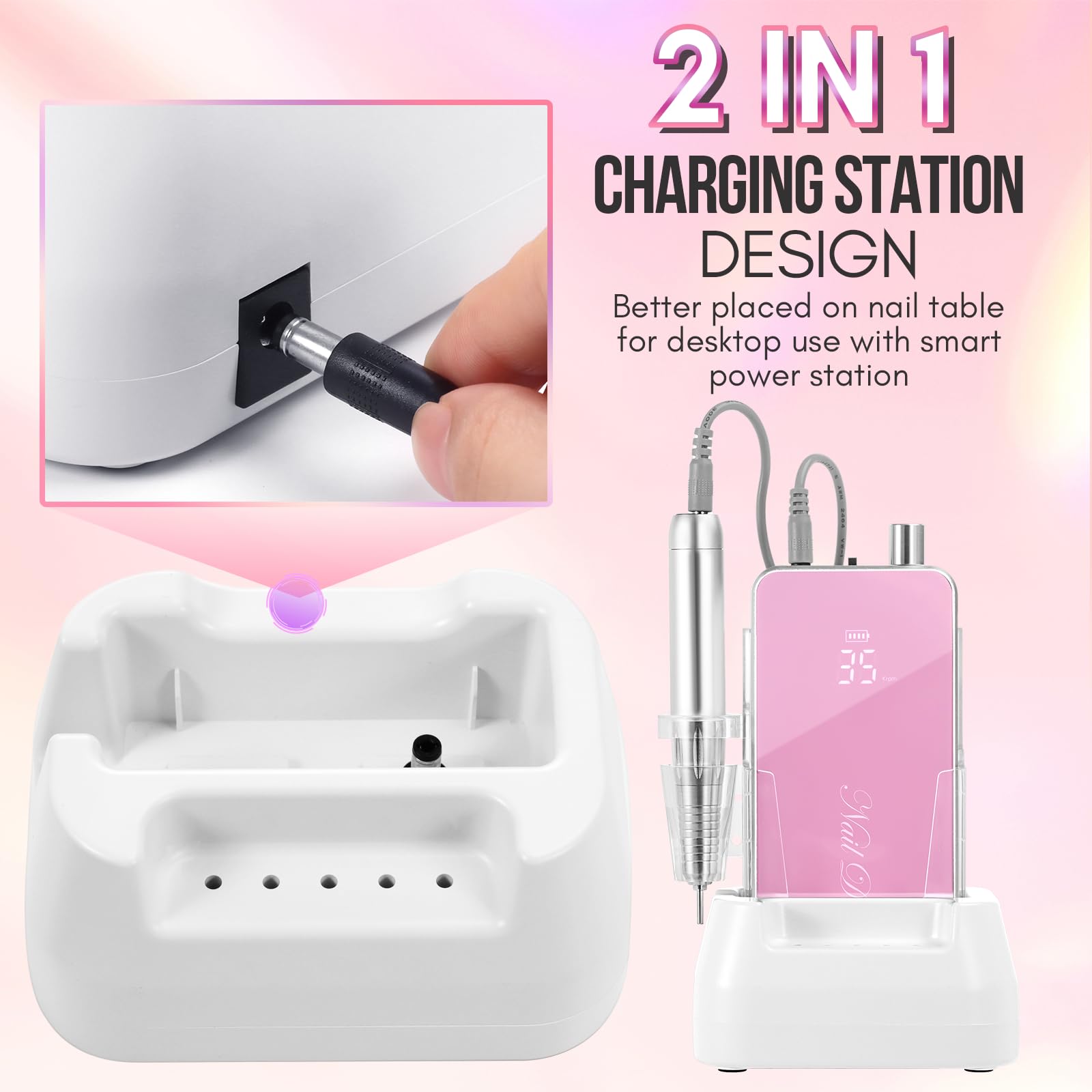 Makartt Professional Nail Drill - 35000RPM Rechargeable Electric Nail File with Coreless Motor & 6 Drill Bits Set for Acrylic & Gel Nail Removal | Perfect for Salon, Home Manicure & DIY Nail Art (Pink)