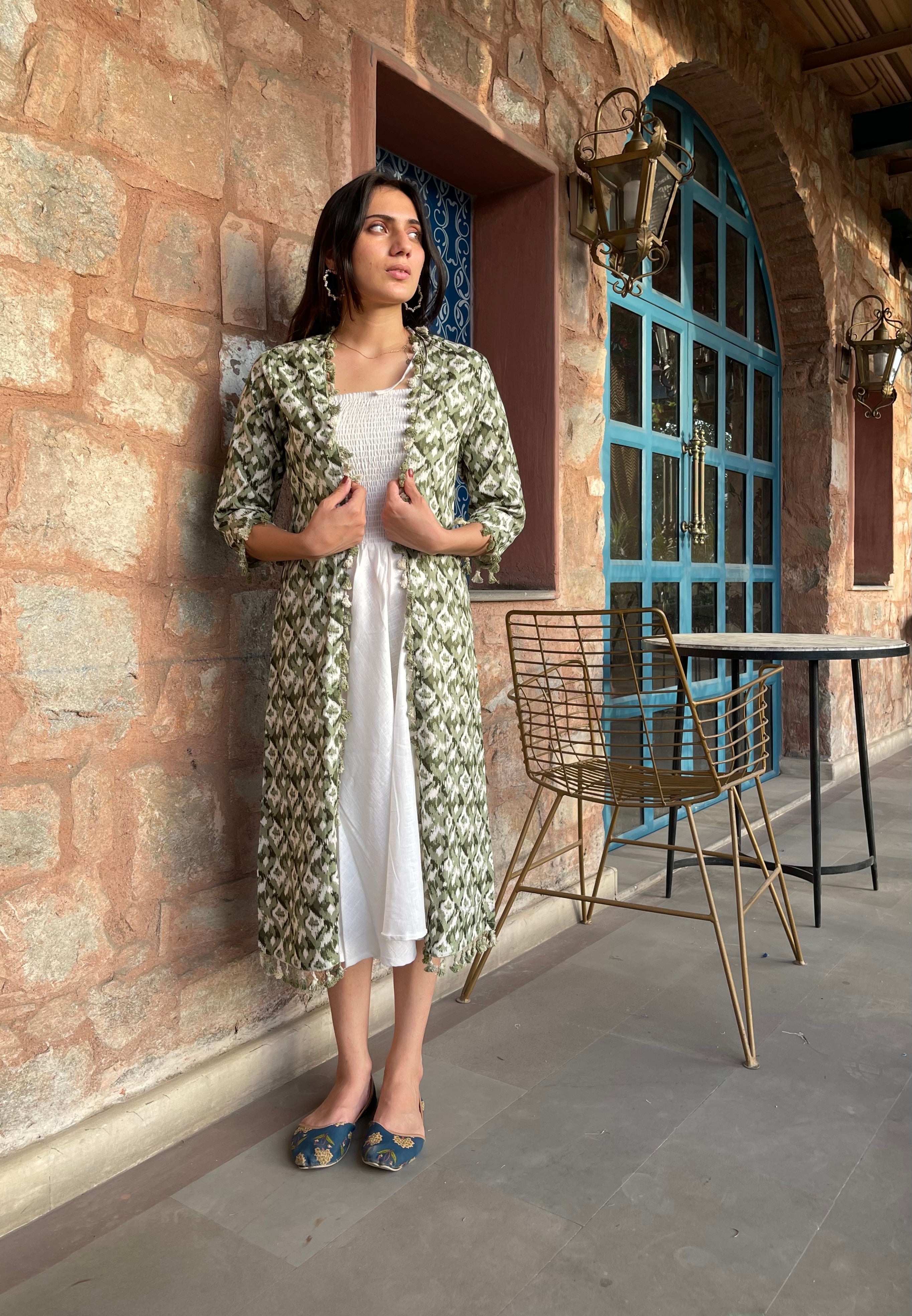 Elegant Green and White Maxi Dress with Jacket - Women's Summer Boho Chic Outfit for Beach, Wedding & Vacation