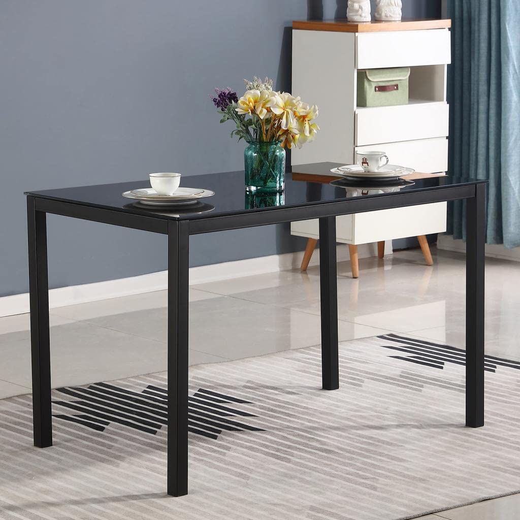 Black Tempered Glass Dining Table with Metal Legs - Modern Rectangular Kitchen Table for 4 People | Perfect for Small Spaces, Dining Rooms & Living Rooms | Ideal for Family Meals, Entertaining Guests & Home Decor