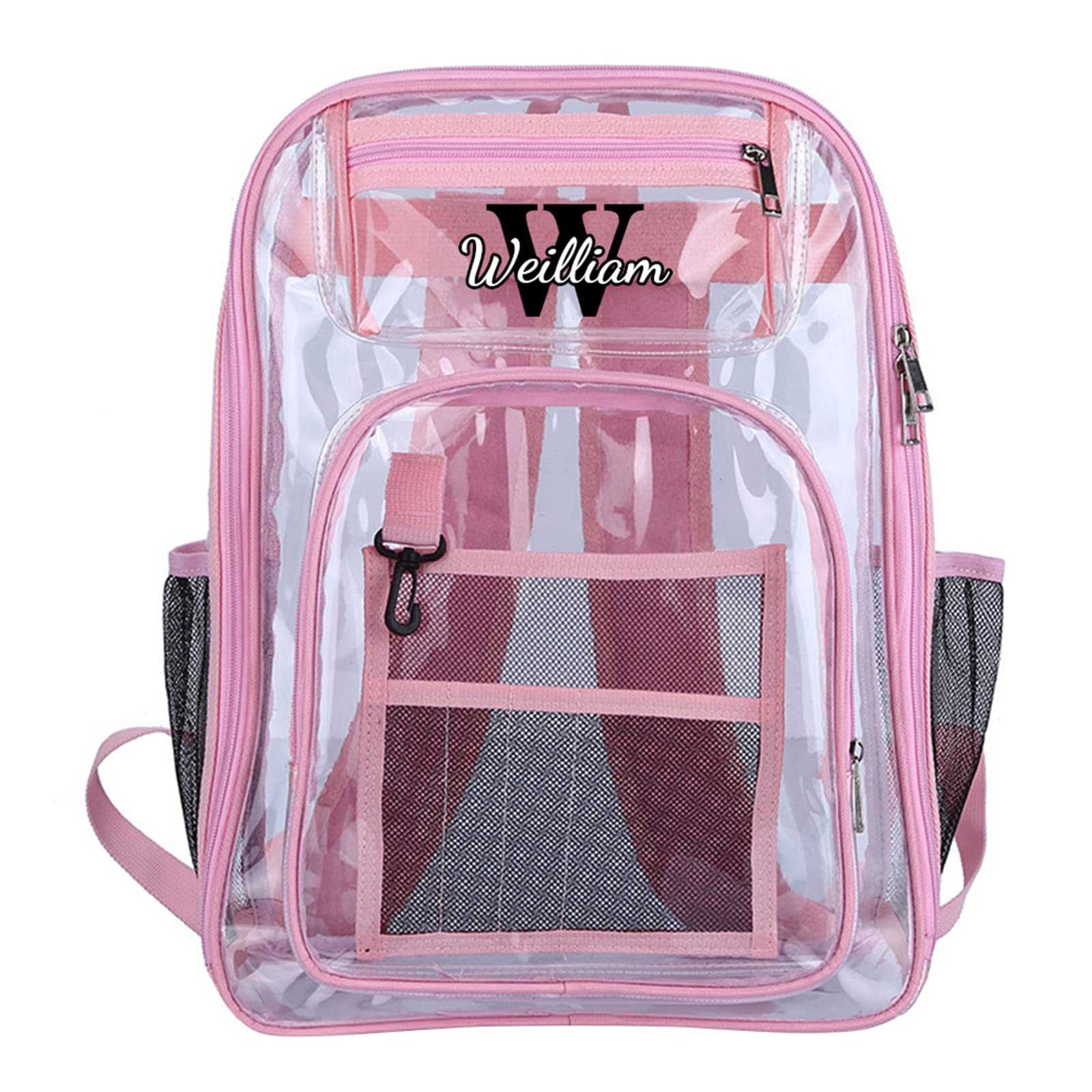 Custom Clear Backpack with Name Tags - Large Personalized Pink Backpack for School & College Students - Perfect for Classrooms, Security Checks & Travel
