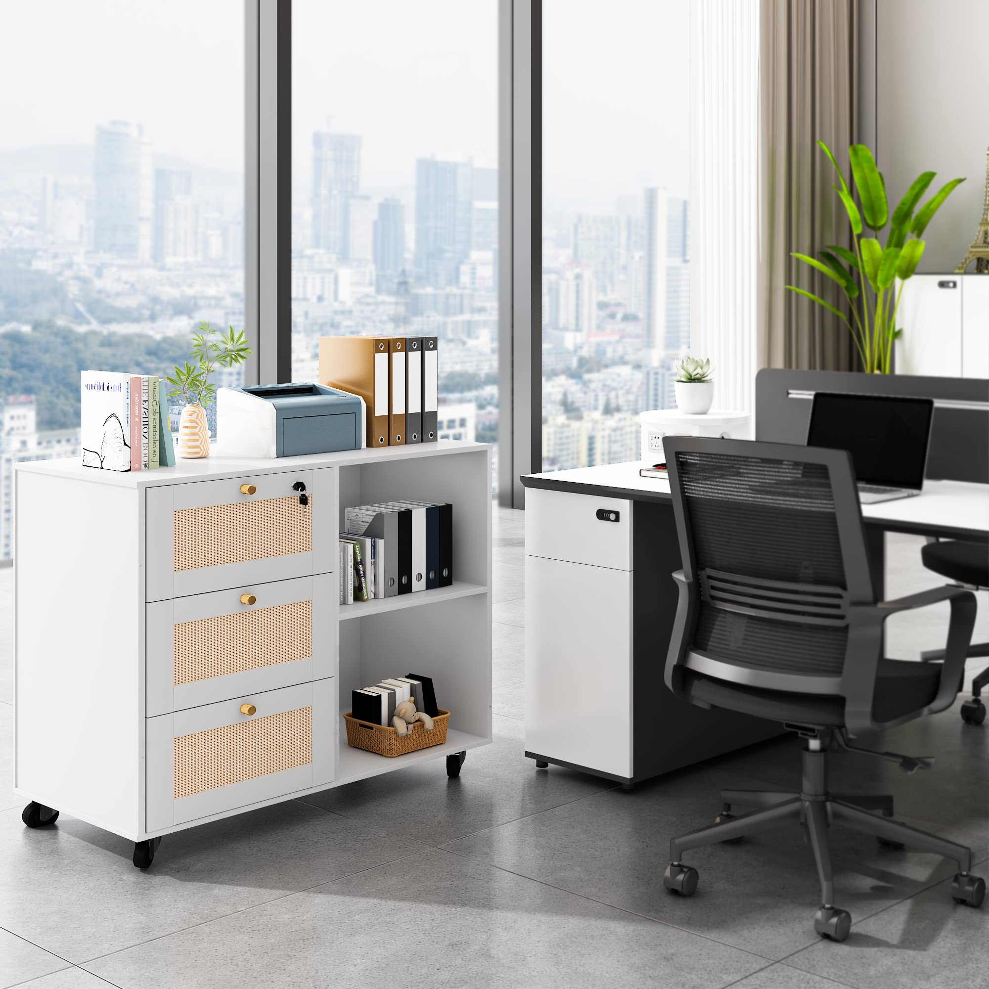 AWQM 3-Drawer Wooden Filing Cabinet with Lock - Office Storage Cabinet, Printer Stand with Open Shelves, Rattan Mobile File Organizer for Home & Office, White - Perfect for Document Storage, Printer Organization & Home Office Decor