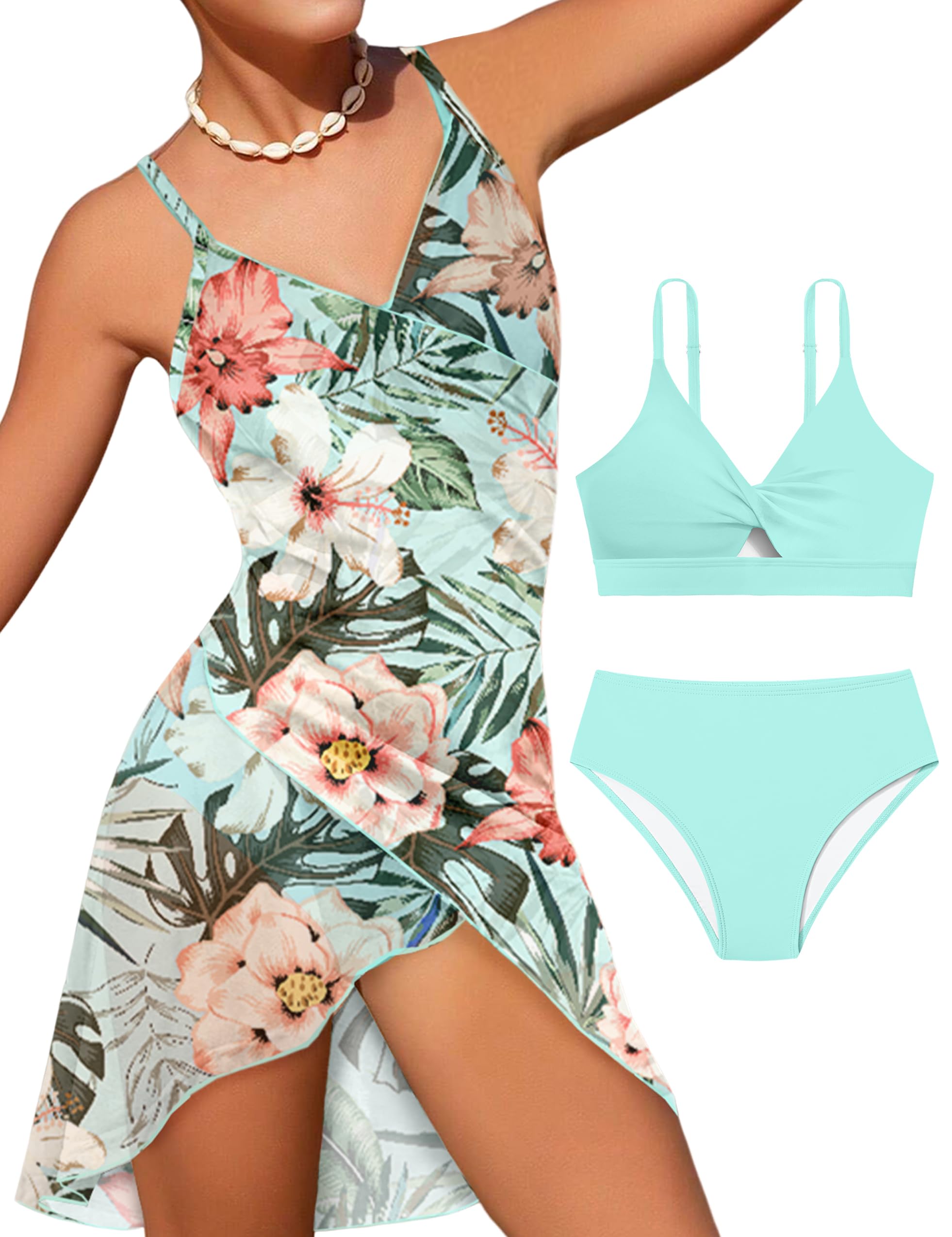 3 Piece Girls Swimsuits - Tropical Print Bikini Set with Backless Wrap Dress Cover Up | Twist Cross Design for Beach, Pool & Vacation | Cute Swimwear for Teens & Juniors