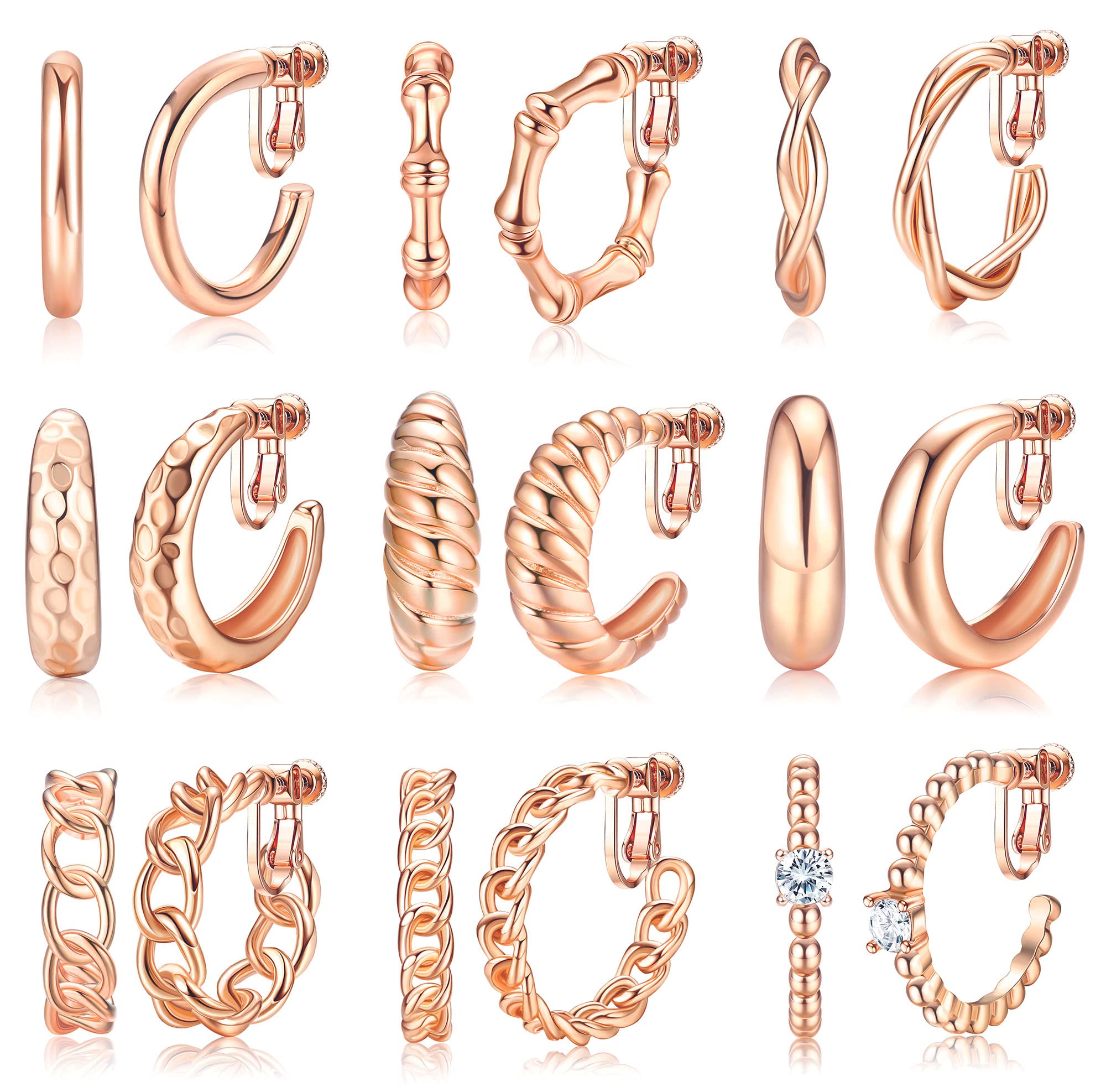 14K Gold Clip On Earrings for Women - 9 Pairs Chunky Hoop Earrings Set with Twisted Round Chain Link Design | Hypoallergenic Non-Piercing Fake Earrings | Perfect for Parties, Weddings & Everyday Wear