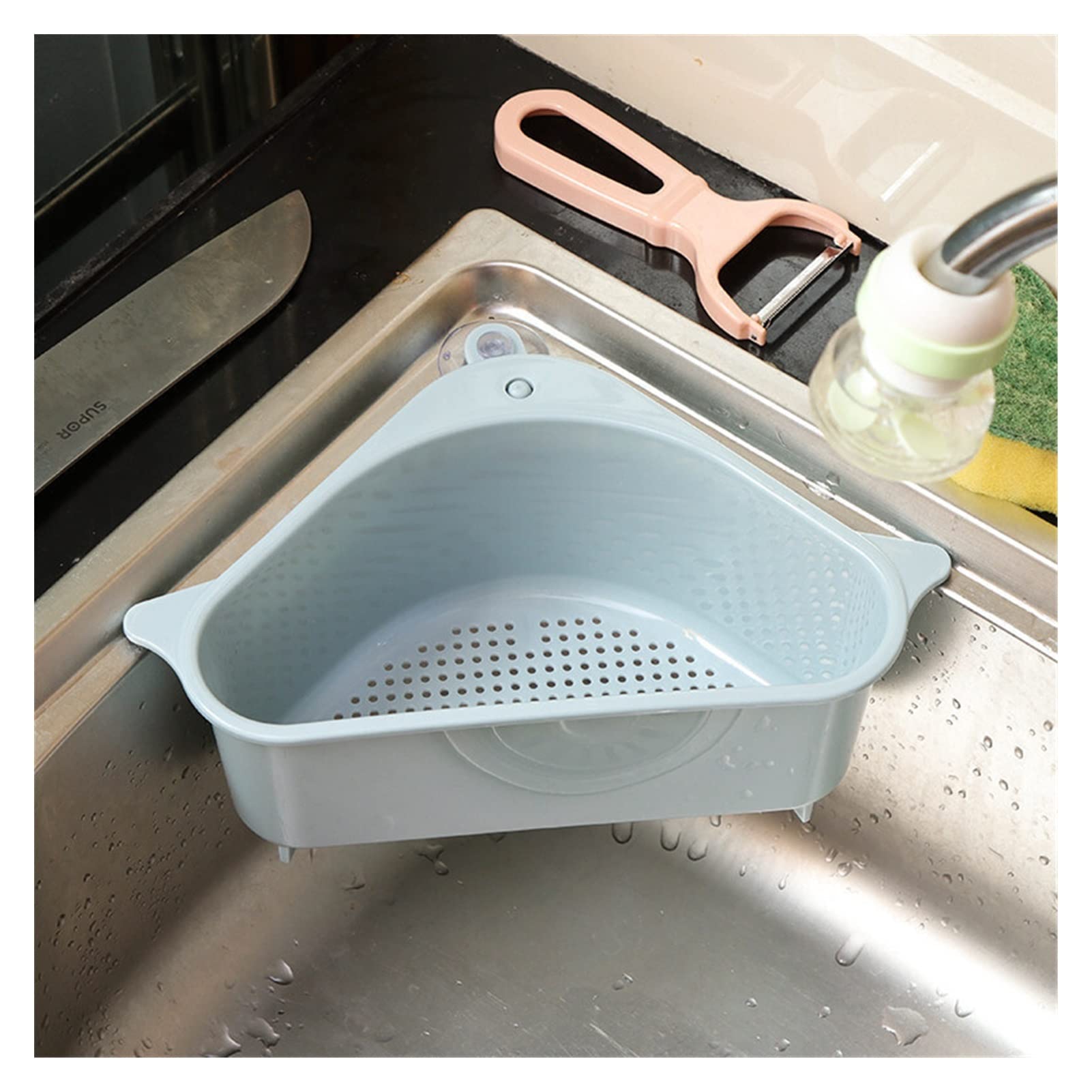 Blue Triangular Sink Strainer - Drain Basket with Suction Cup for Vegetables, Fruits & Sponge Holder - Durable Sink Filter & Storage Rack Tool | Perfect for Kitchen, Bathroom & Utility Sink Organization