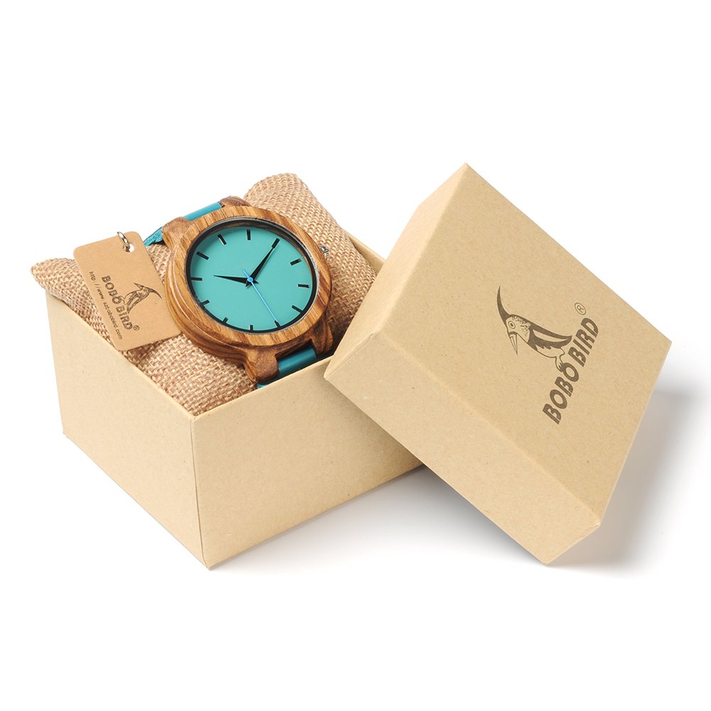 BOBO BIRD Bamboo Wooden Watch for Men & Women - Blue Cowhide Leather Strap, Casual Fashion Timepiece with Gift Box | Perfect for Everyday Wear, Anniversary Gifts & Eco-Friendly Lifestyle