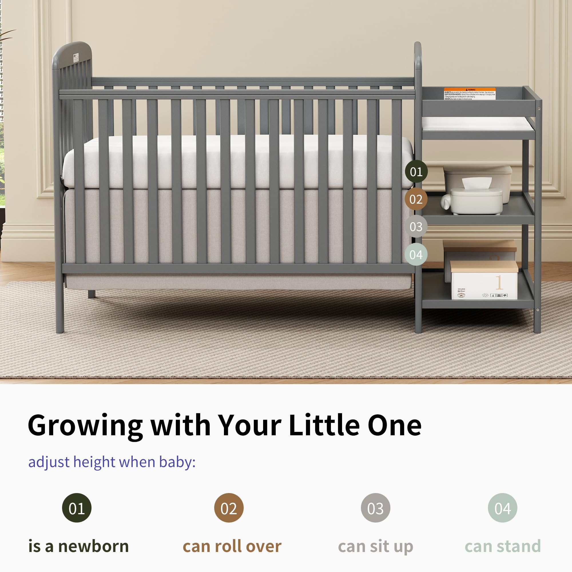3-in-1 Convertible Baby Crib with Changing Table - Full Size Wooden Crib Converts to Toddler Bed & Daybed - Nursery Furniture with Storage Space, 3 Adjustable Mattress Heights, Non-Toxic Finish (Storm Grey) - Perfect for Small Nursery Rooms & Growing Toddlers