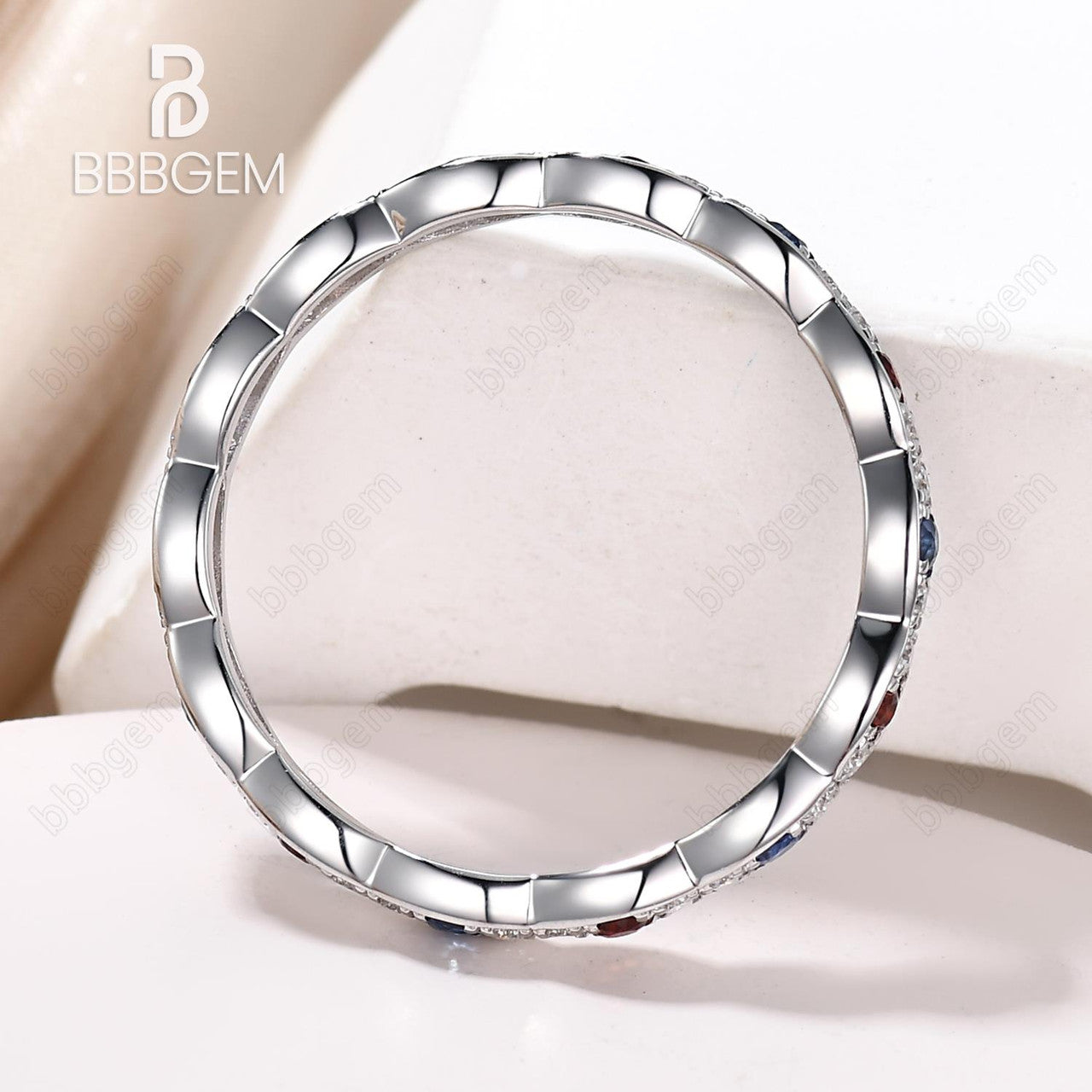 Platinum Garnet Sapphire Moissanite Diamond Eternity Stackable Wedding Band Set - Anniversary & Birthday Gift for Women, Perfect for Valentine's Day, Proposal, or Bridal Jewelry