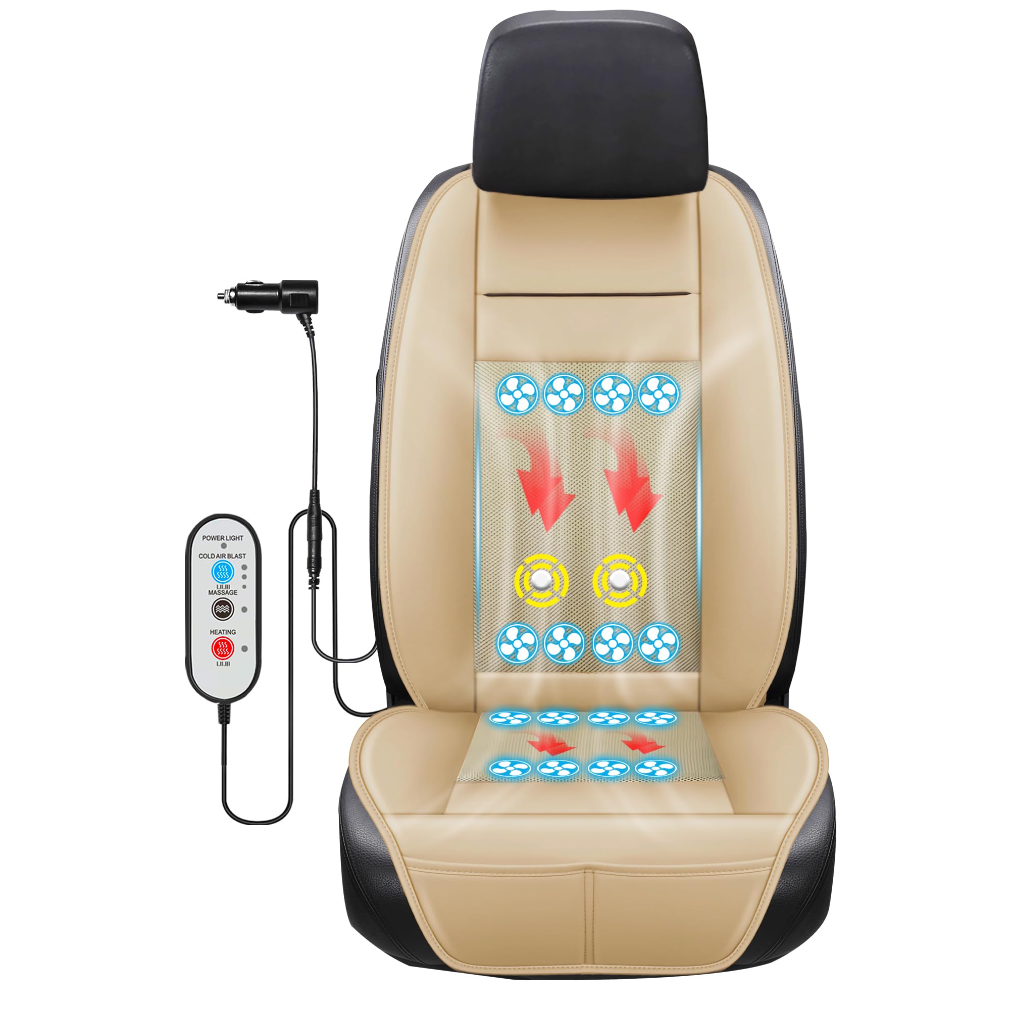 12V Cooling Car Seat Cover with Massage & Adjustable Temperature - 16 Ventilation Fans for Summer - Cooling Seat Cushion for Car Front Seats - Perfect for Vehicles, SUVs & Long Drives (Beige)