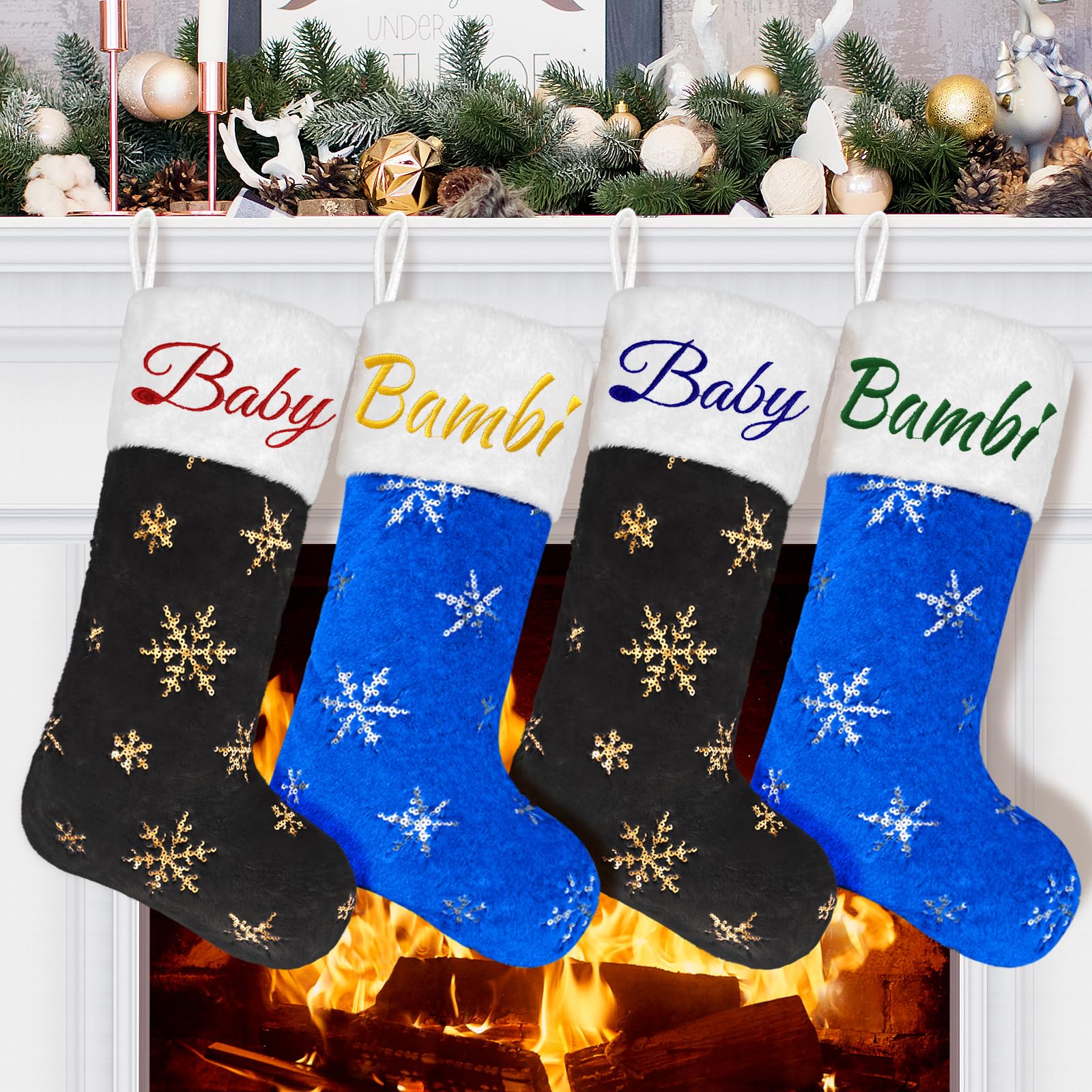 5 Pack Personalized Christmas Stockings with Names - 22 Inch Custom Embroidered Faux Fur Holiday Stockings in Black & Blue with Gold/Silver Snowflake Ornaments - Perfect for Xmas Tree Decor, Fireplace Mantel & Holiday Party Decorations