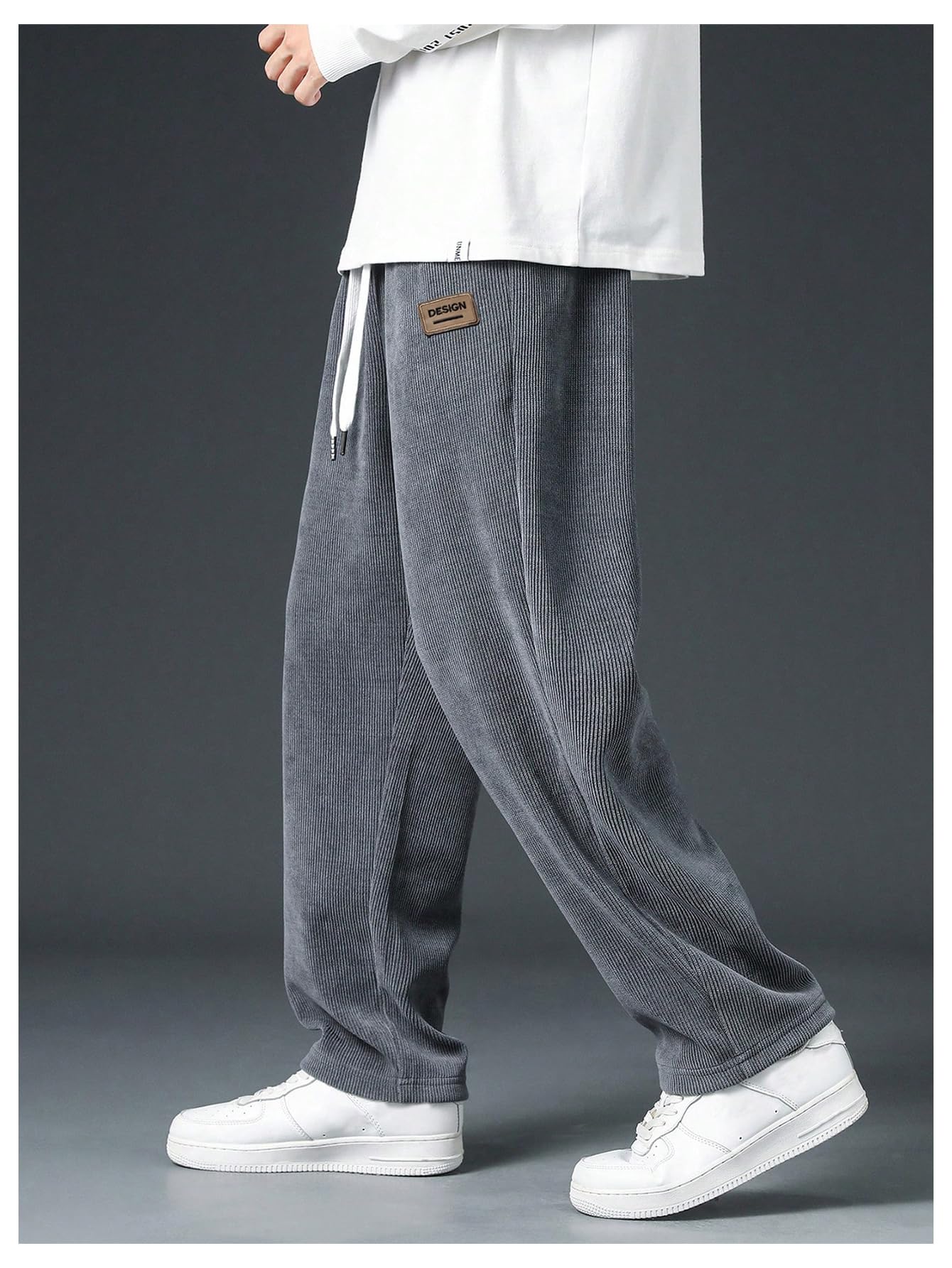 Men's Corduroy Baggy Pants with Tie Front Drawstring Waist - Casual Loose Straight Leg Trousers for Streetwear & Lounge Wear