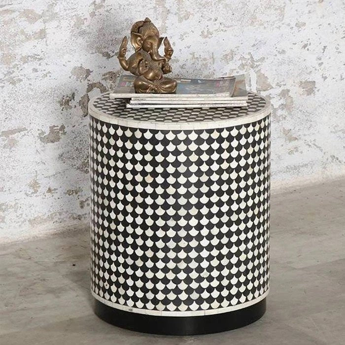 Handmade Black and White Bone Inlay Drum Stool - Boho Chic Side Table, Ottoman & Decorative Stool for Living Room, Bedroom or Meditation Space
