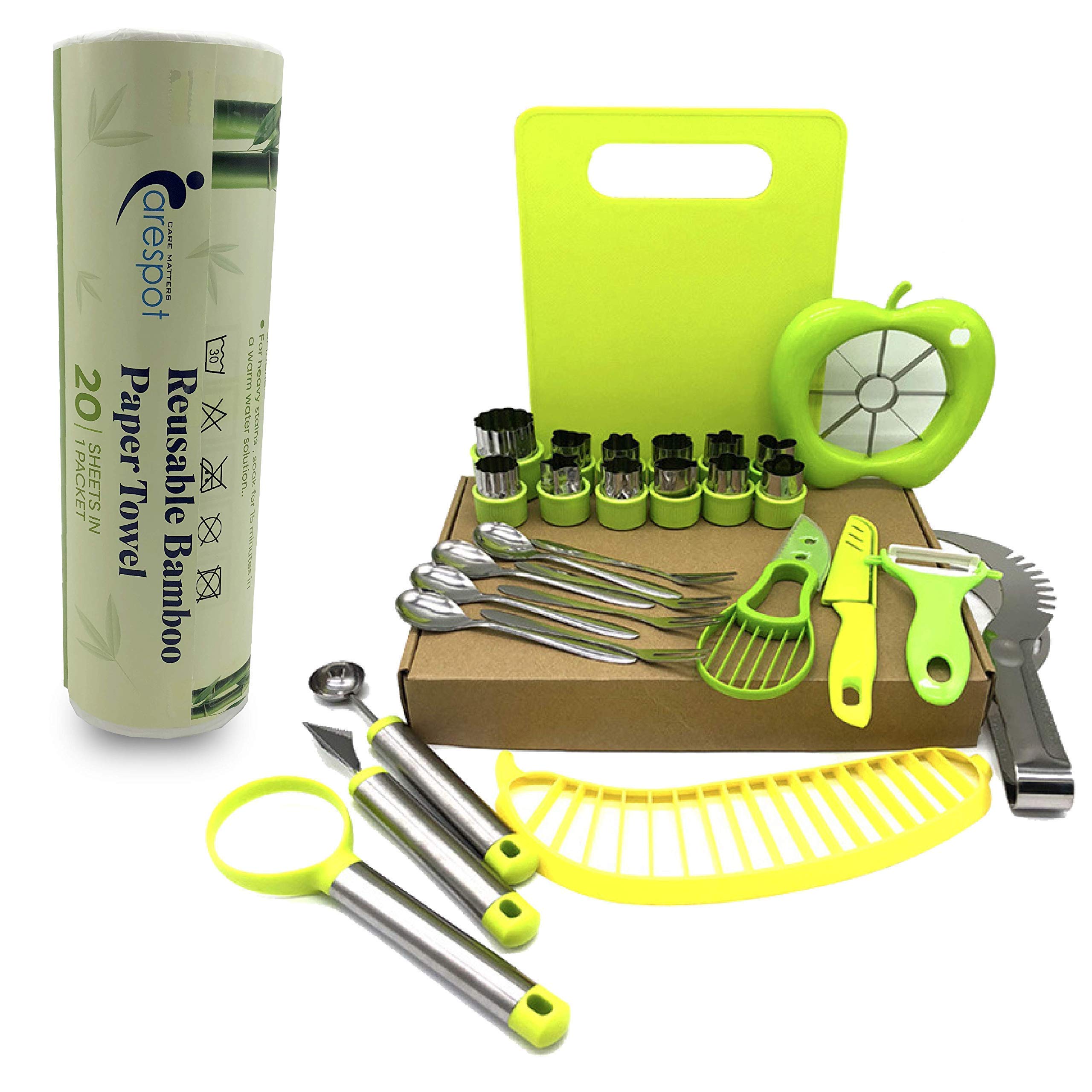 Fruit Shape Cutter Kit with Bamboo Washable Paper Towel - Eco-Friendly Kitchen Tools for Fruit Carving, Salad Prep & Party Plating