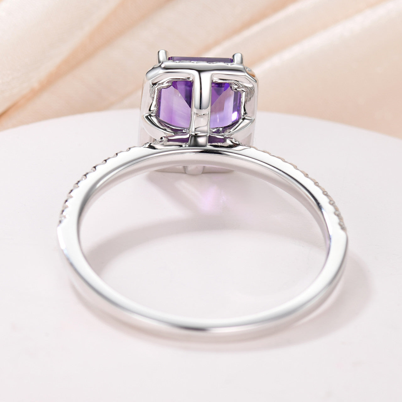 Natural 6x8mm Emerald Cut Amethyst Engagement Ring - 14k White Gold Halo Prong Set with Diamonds | Elegant Wedding Band for Brides, Anniversary Gift & Romantic Proposal Jewelry